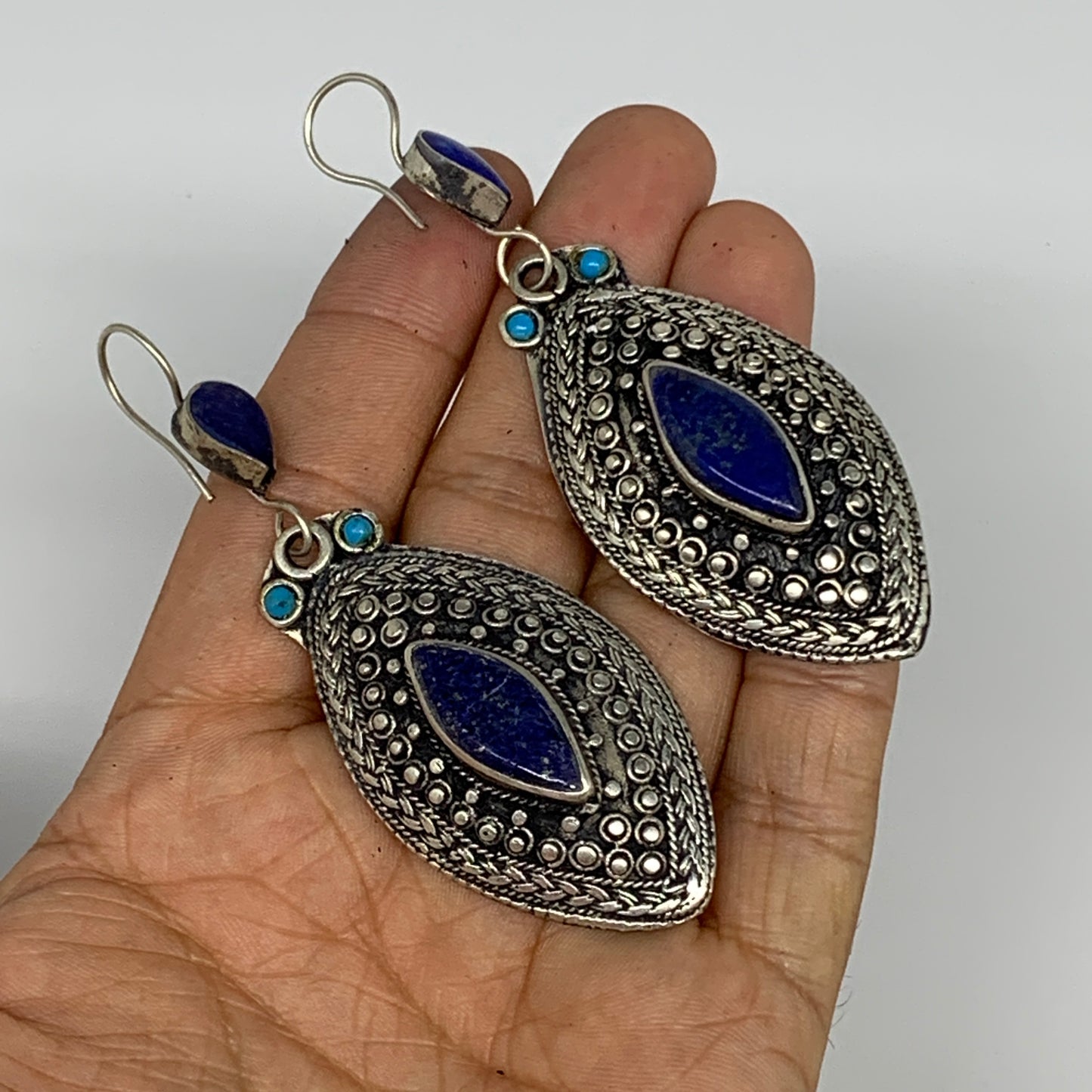 1pc, 3.2"x1.1" Turkmen Earring Tribal Jewelry Lapis Lazuli Marquise Boho, B14253