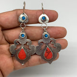 Turkmen Earring Handmade Afghan Tribal Red Coral Inlay Teardrop Shape Earring, T