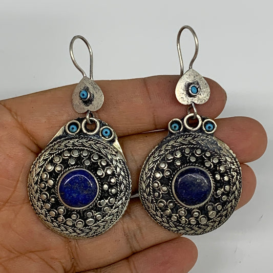 1pc, 2.5"x1.3" Turkmen Earring Tribal Jewelry Lapis Lazuli Round Boho, B14246