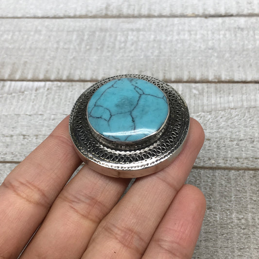 Antique Afghan Turkmen Tribal Ring Round Blue Turquoise Inlay Kuchi Ring, TR112