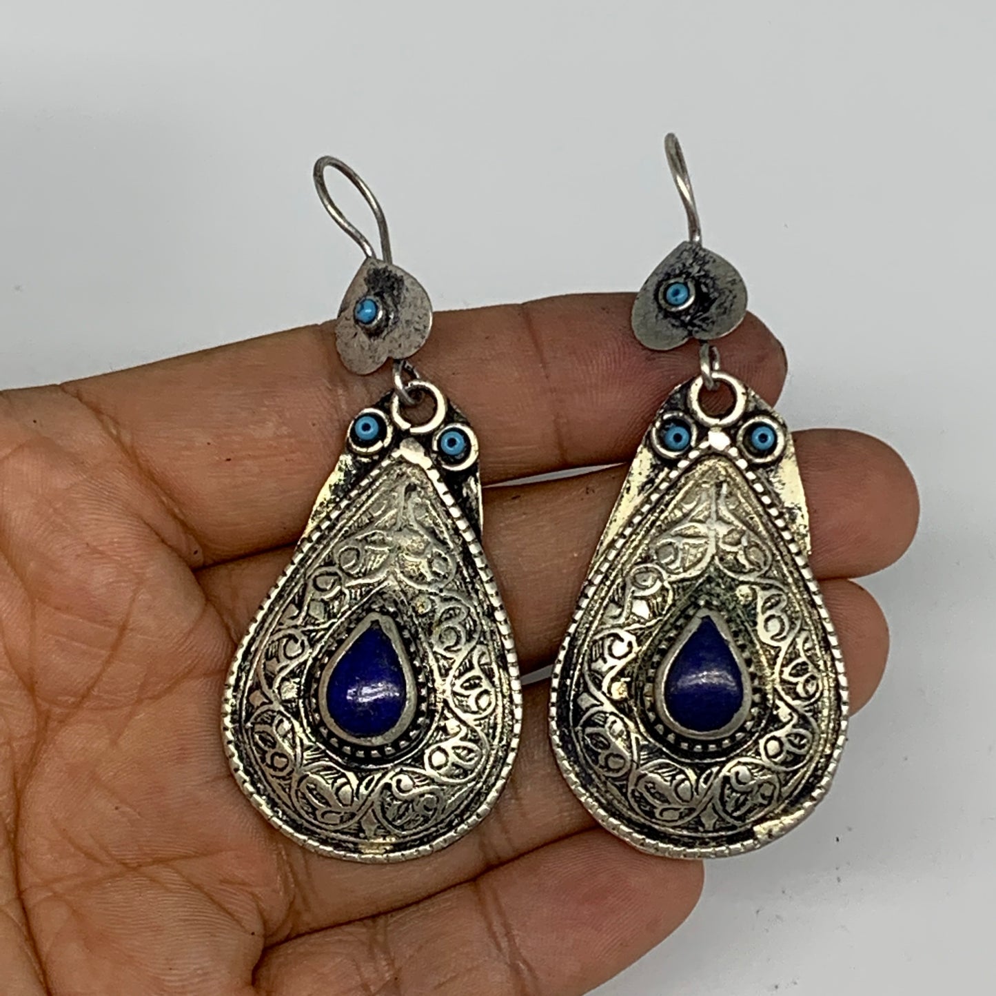 1pc, 2.8"x1.1" Turkmen Earring Tribal Jewelry Lapis Lazuli Teardrop Boho, B14245