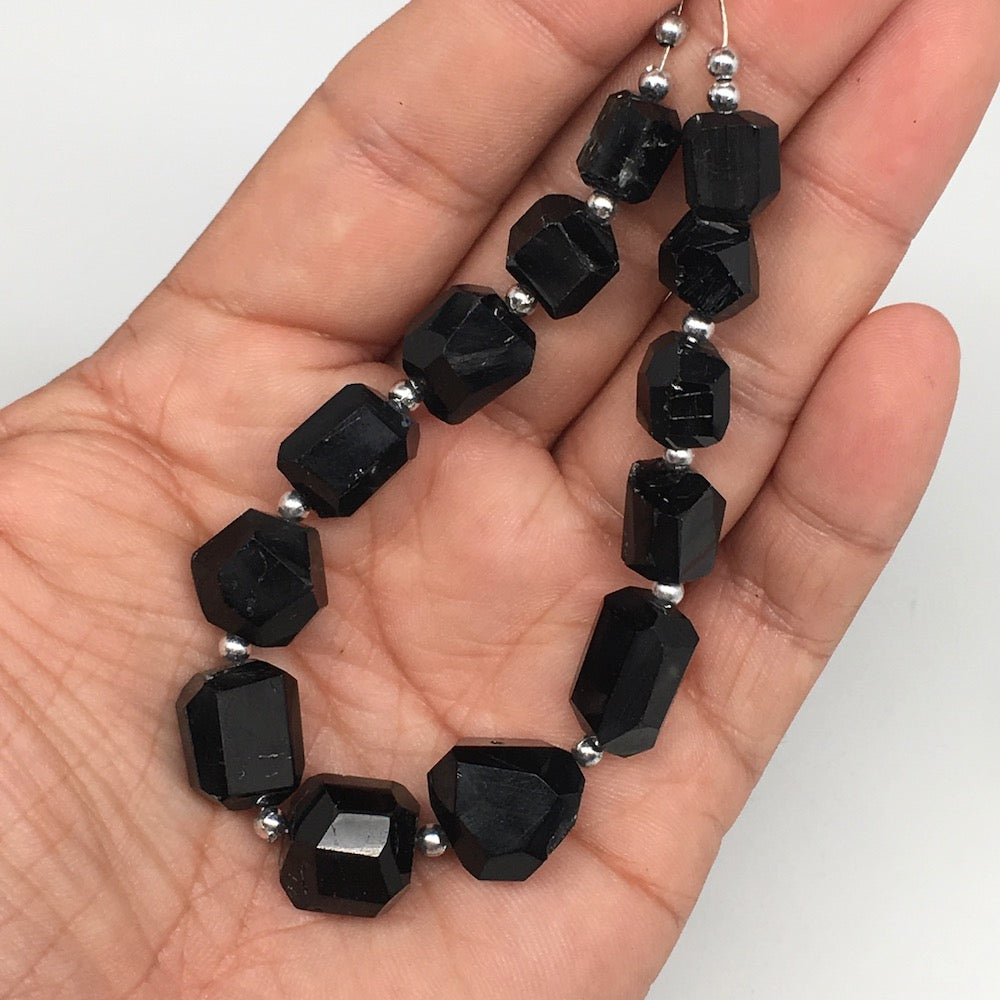 139.5cts, 13pcs, 9mm-15mm Natural Black Tourmaline Faceted Beads @Afghanistan,BE