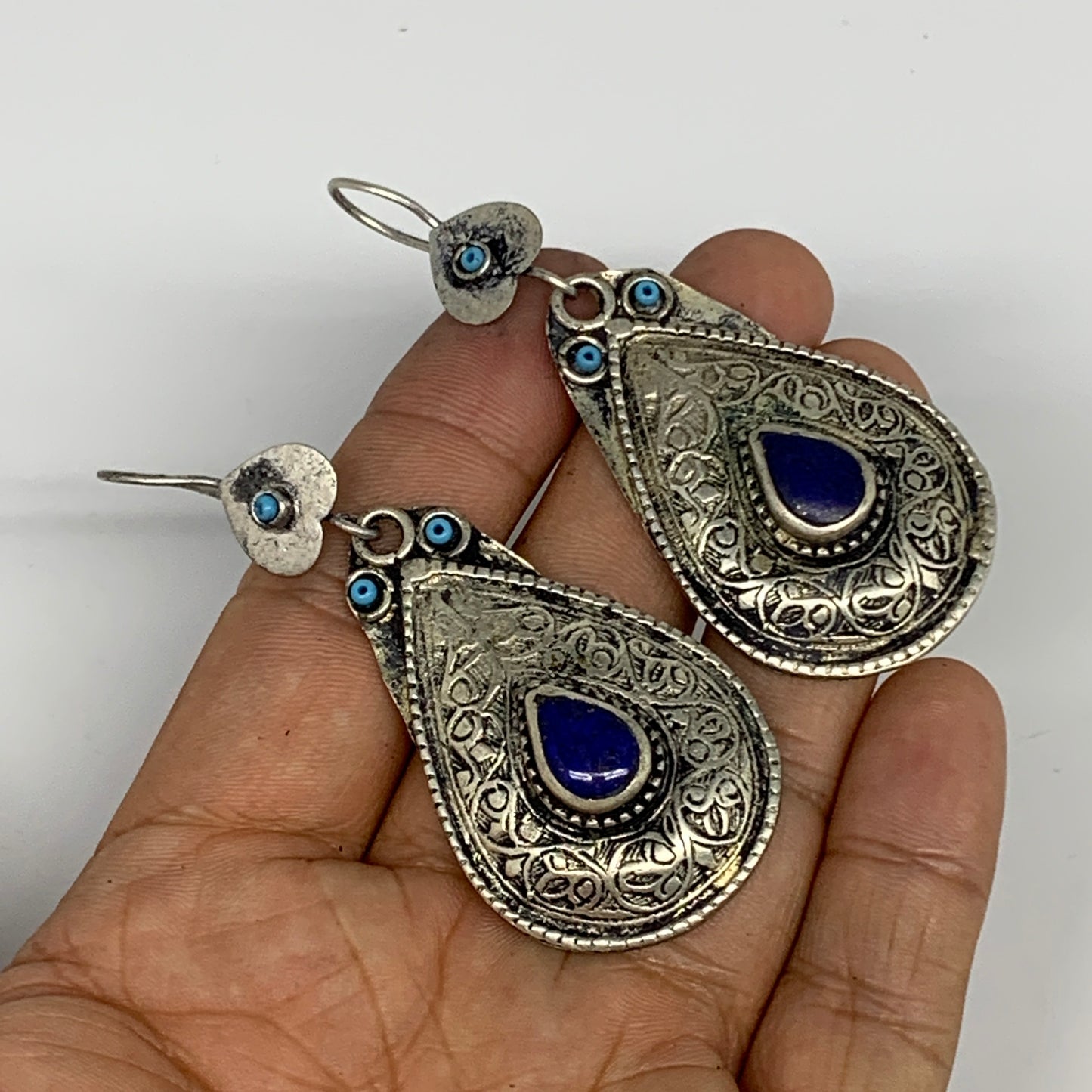 1pc, 2.8"x1.1" Turkmen Earring Tribal Jewelry Lapis Lazuli Teardrop Boho, B14245