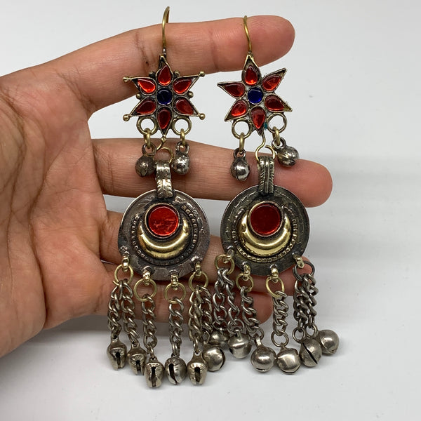 Kuchi Earring Afghan Ethnic Tribal Jingle Bells Red Glass Star, Round  Earring K