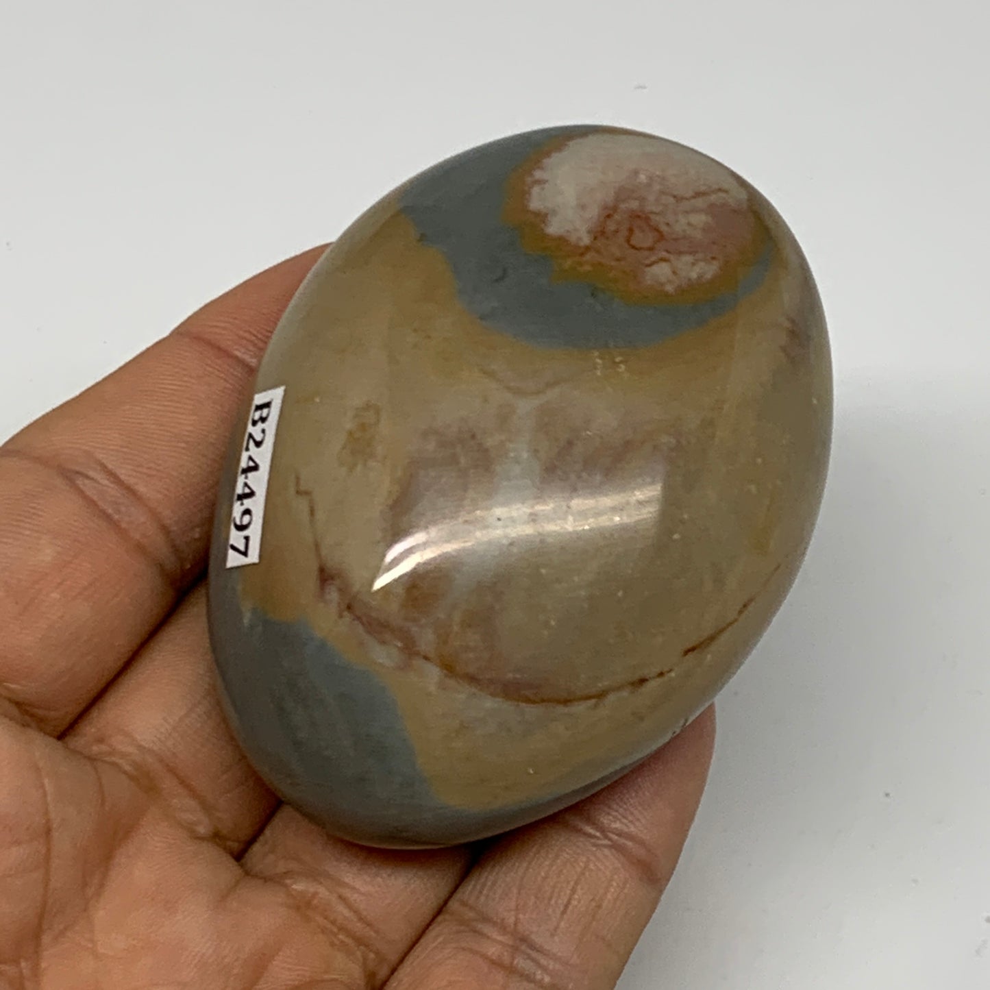 128.1g, 2.6"x1.9"x1.2" Polychrome Jasper Palm-Stone Reiki @Madagascar, B24497