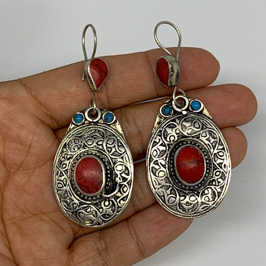19.5g, 2.7"x1.1" Turkmen Earring Tribal Jewelry Red Coral Inlay Oval Boho, B1423