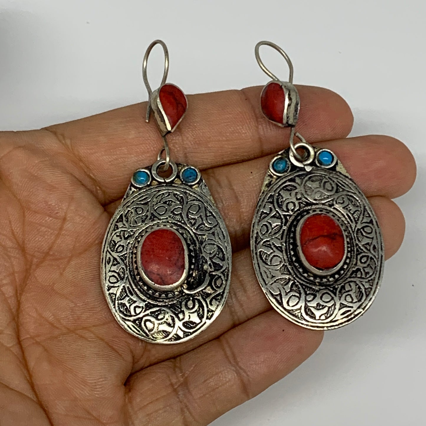 19.5g, 2.7"x1.1" Turkmen Earring Tribal Jewelry Red Coral Inlay Oval Boho, B1423