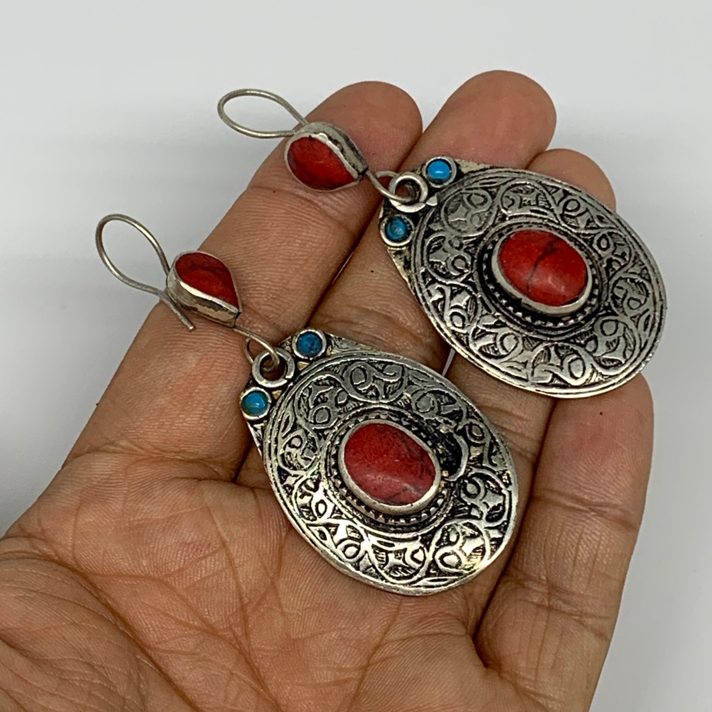19.5g, 2.7"x1.1" Turkmen Earring Tribal Jewelry Red Coral Inlay Oval Boho, B1423
