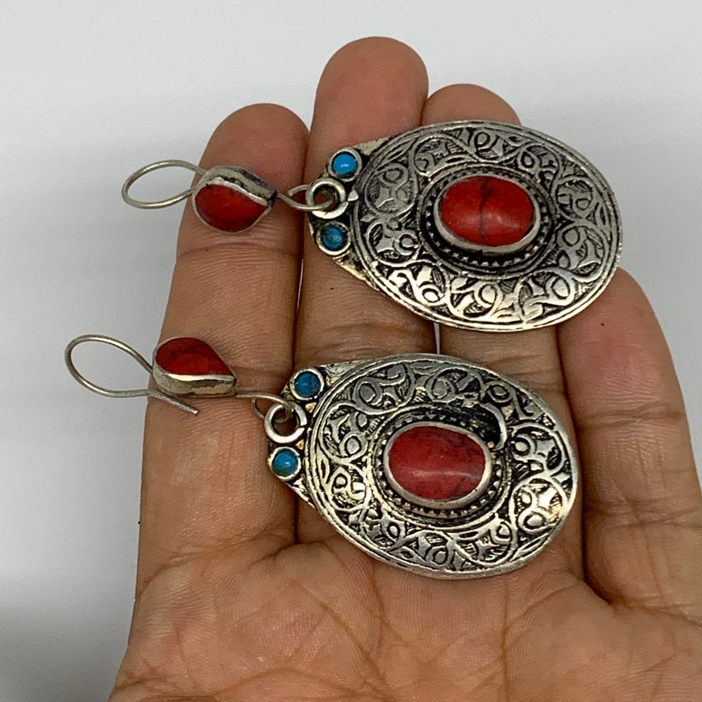 19.5g, 2.7"x1.1" Turkmen Earring Tribal Jewelry Red Coral Inlay Oval Boho, B1423