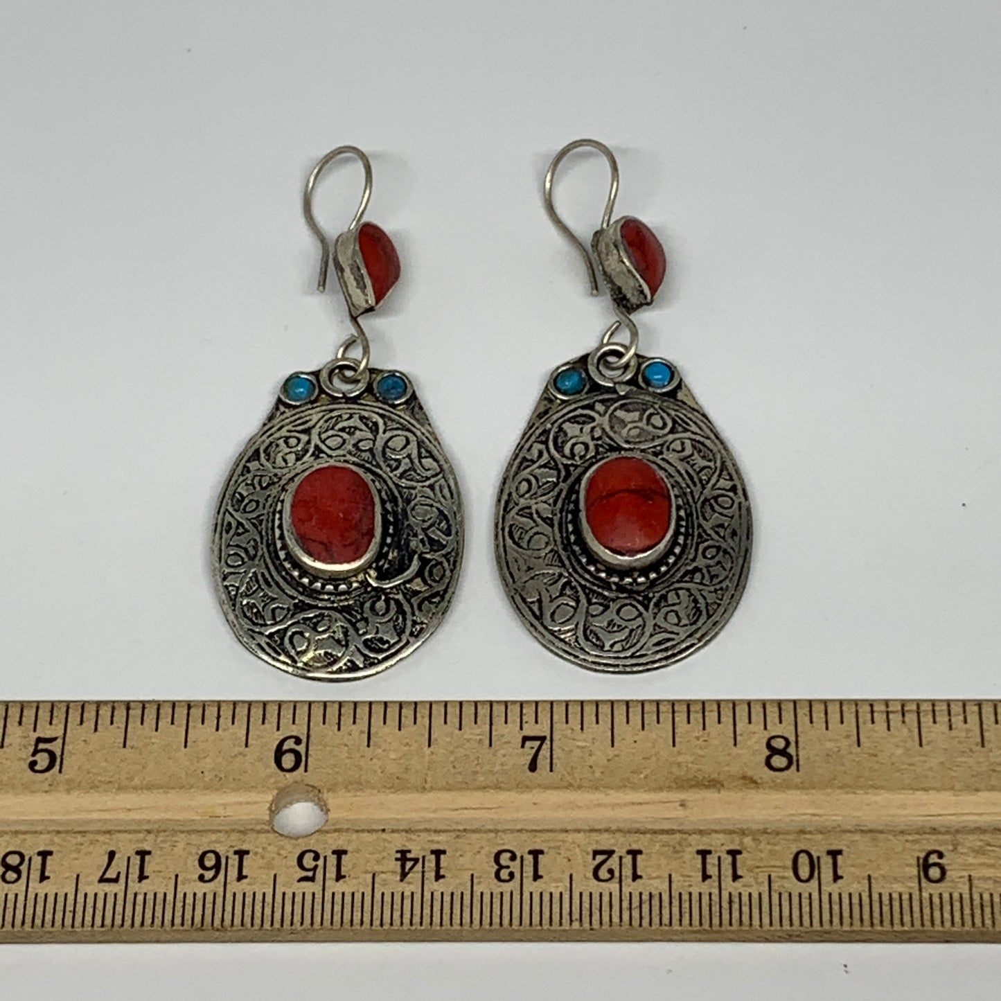 19.5g, 2.7"x1.1" Turkmen Earring Tribal Jewelry Red Coral Inlay Oval Boho, B1423