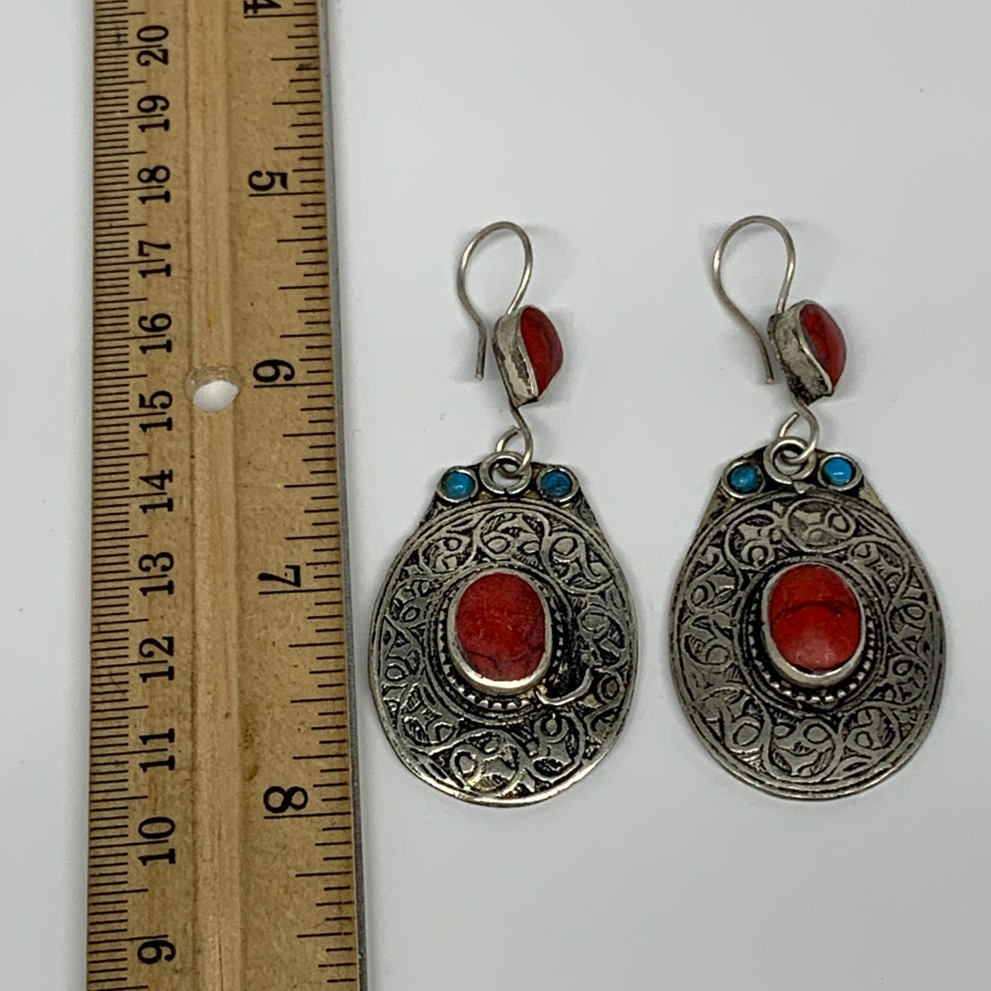 19.5g, 2.7"x1.1" Turkmen Earring Tribal Jewelry Red Coral Inlay Oval Boho, B1423