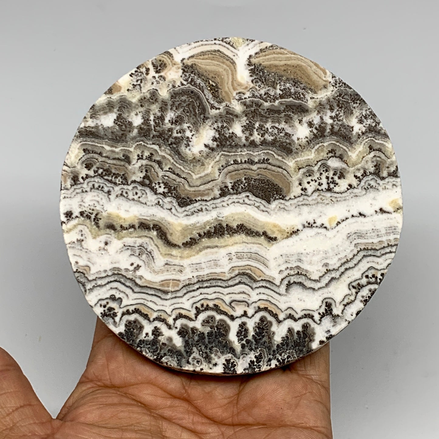 235.8g, 4.2"x0.5", Natural Picture Calcite Round Disc/Coaster @Mexico, B25473