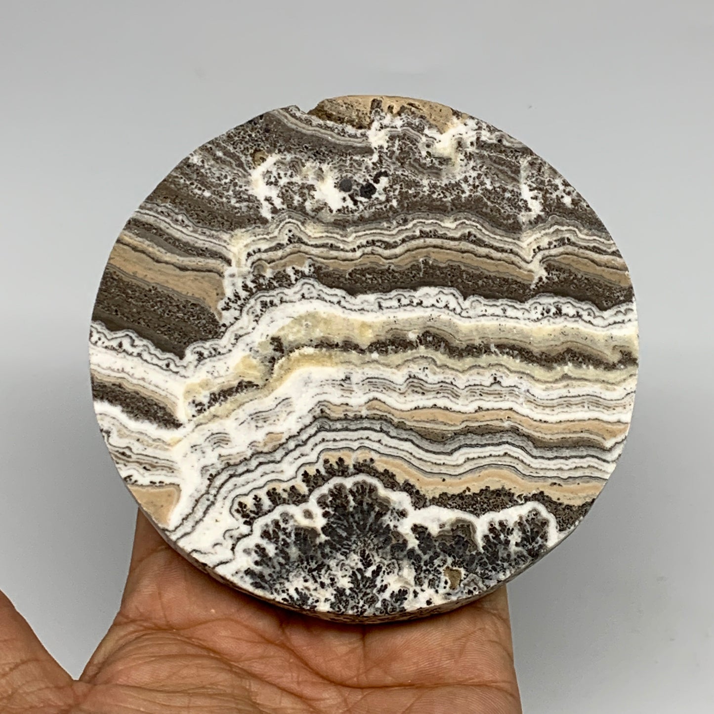 240.4g, 4.3"x0.5", Natural Picture Calcite Round Disc/Coaster @Mexico, B25474