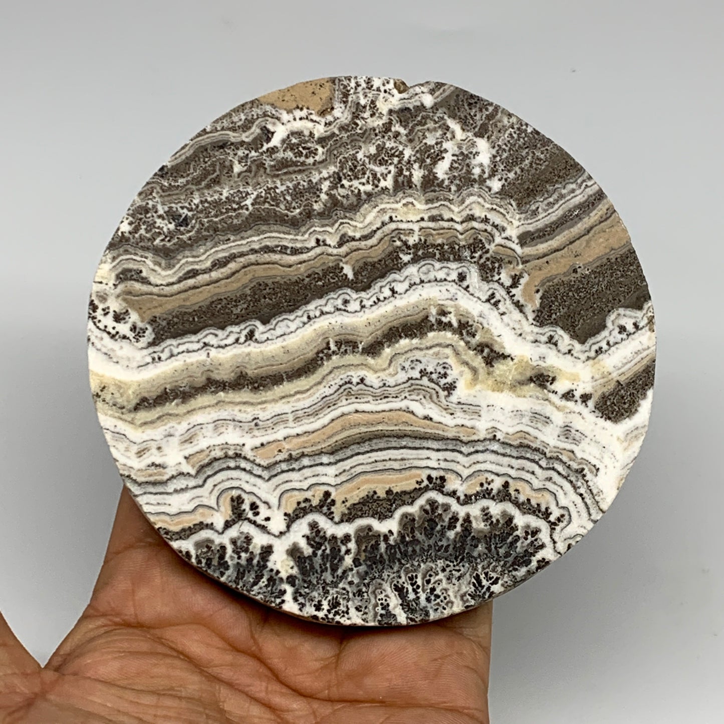 240.4g, 4.3"x0.5", Natural Picture Calcite Round Disc/Coaster @Mexico, B25474