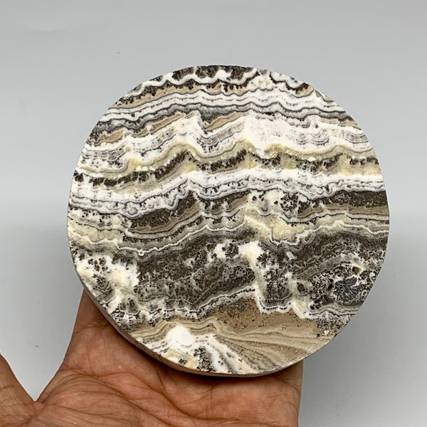 312.9g, 4.1"x0.7", Natural Picture Calcite Round Disc/Coaster @Mexico, B25475