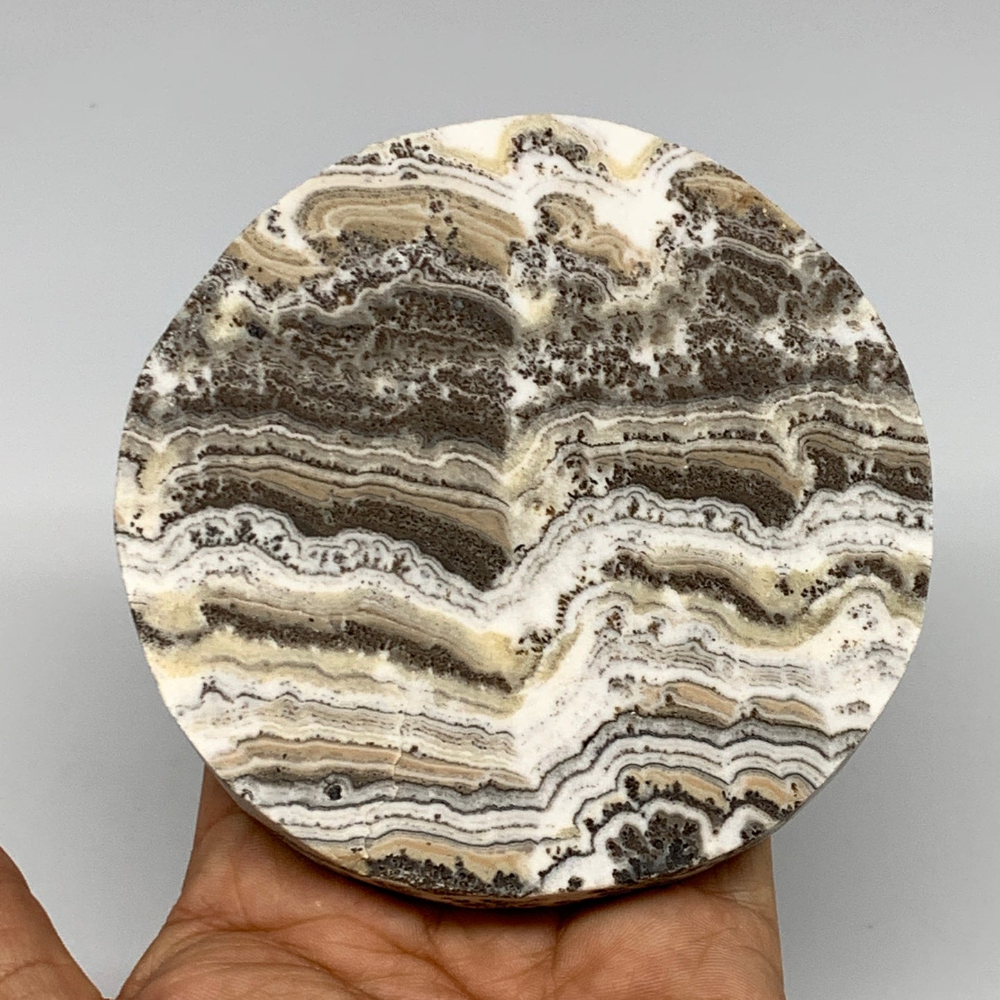 312.9g, 4.1"x0.7", Natural Picture Calcite Round Disc/Coaster @Mexico, B25475
