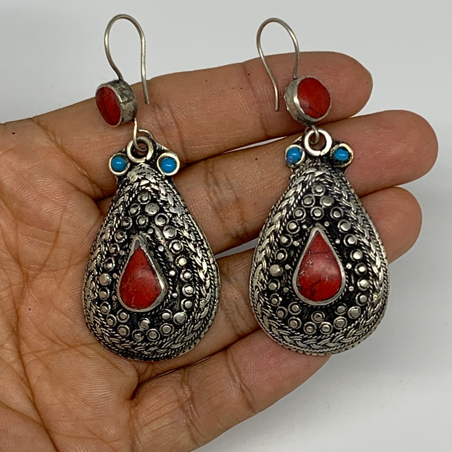 20.7g, 2.7x1.1" Turkmen Earring Tribal Jewelry Red Coral Inlay Teardrop Boho, B1