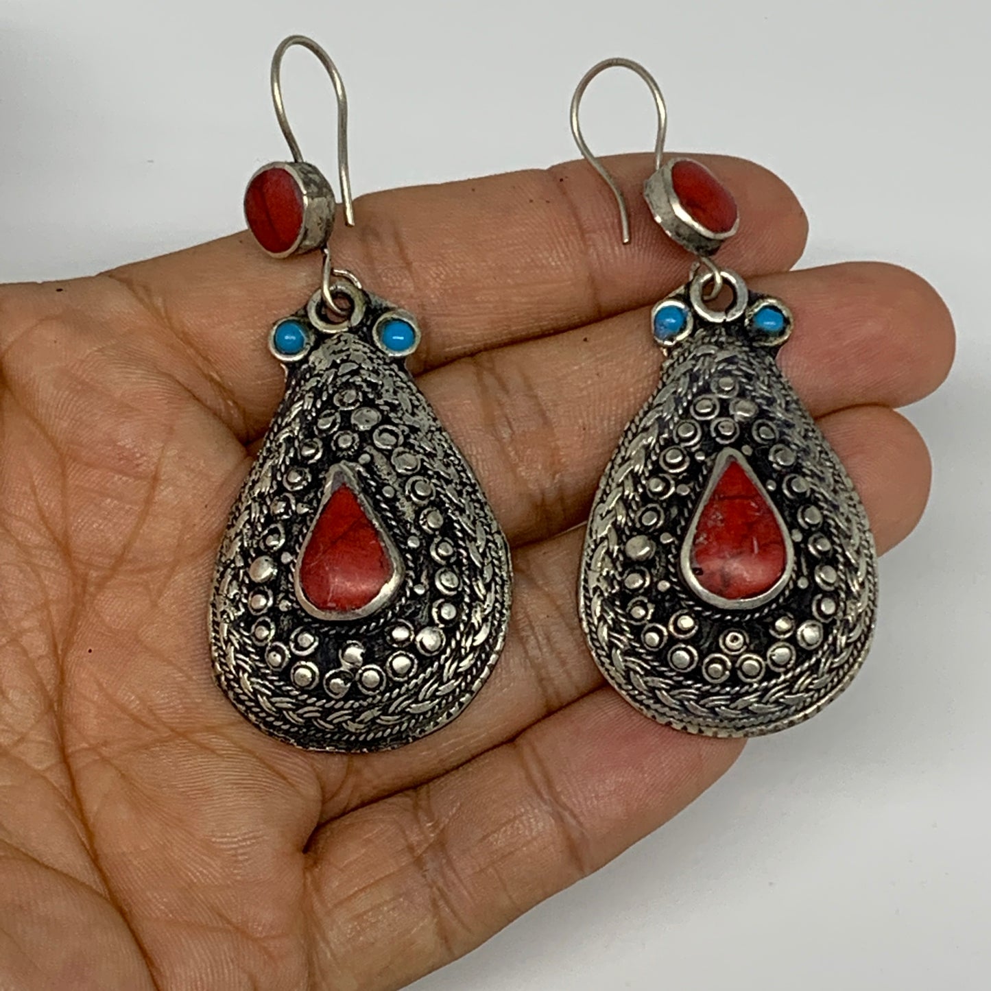 20.7g, 2.7x1.1" Turkmen Earring Tribal Jewelry Red Coral Inlay Teardrop Boho, B1