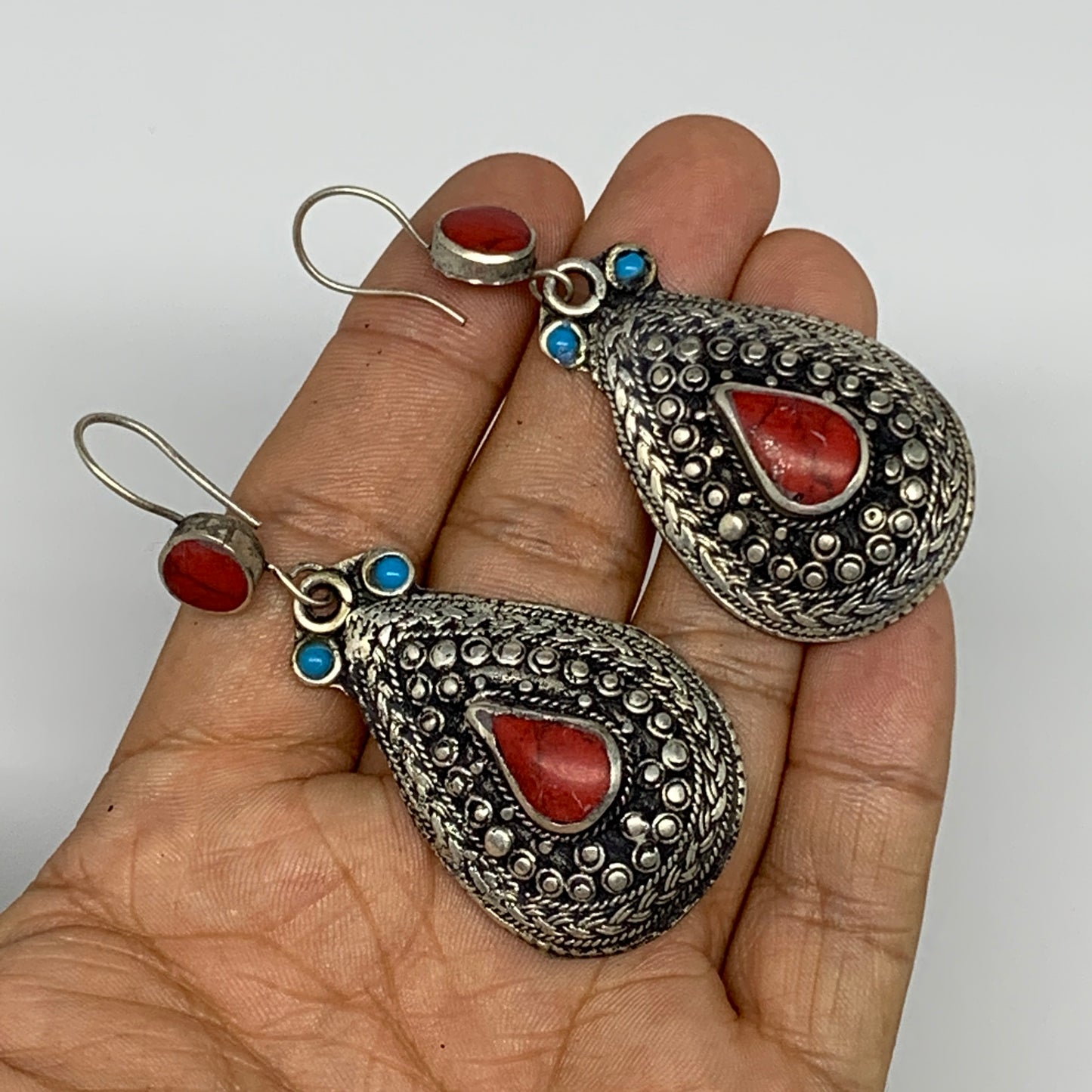 20.7g, 2.7x1.1" Turkmen Earring Tribal Jewelry Red Coral Inlay Teardrop Boho, B1