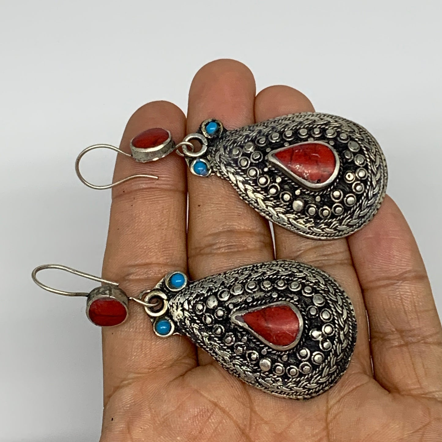 20.7g, 2.7x1.1" Turkmen Earring Tribal Jewelry Red Coral Inlay Teardrop Boho, B1