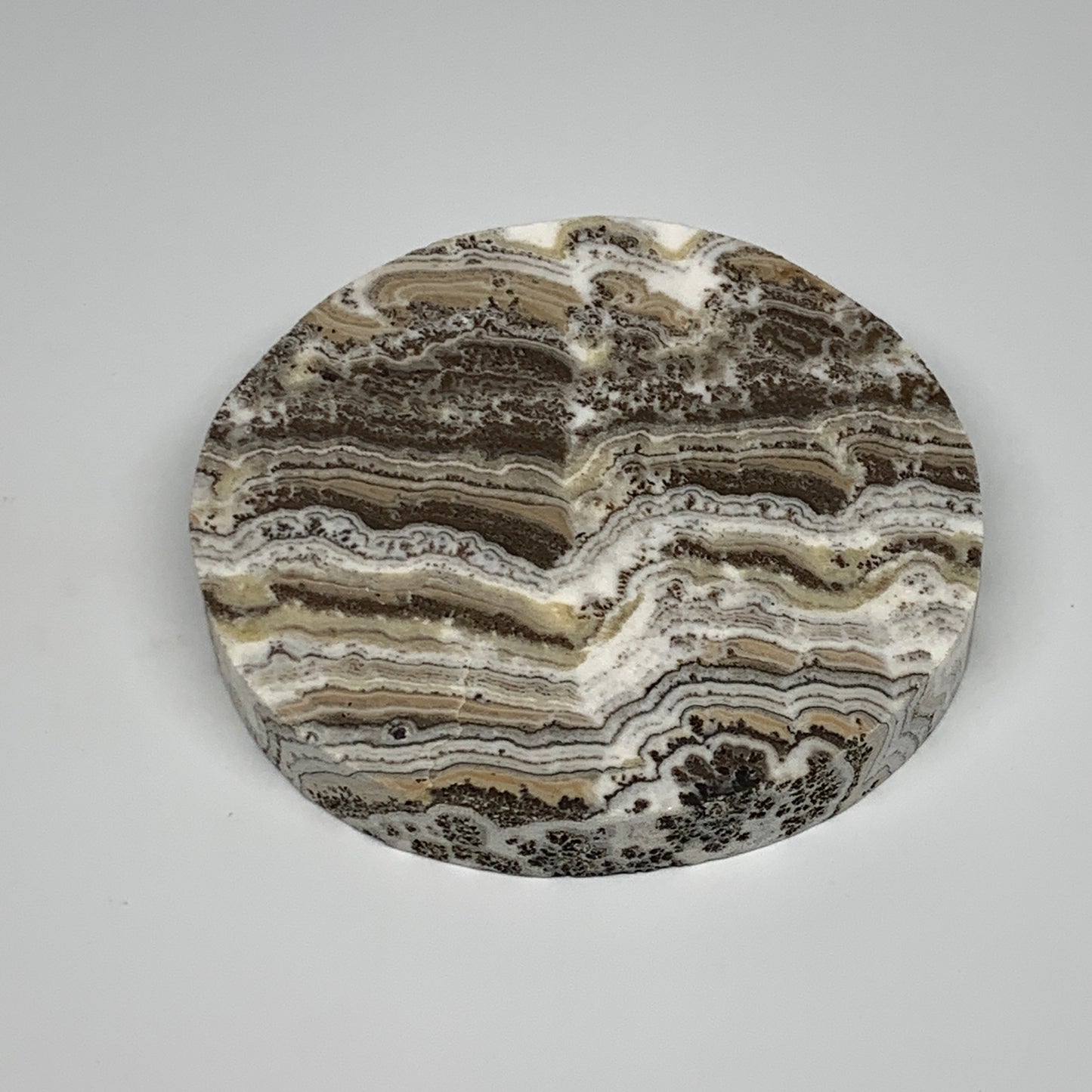 312.9g, 4.1"x0.7", Natural Picture Calcite Round Disc/Coaster @Mexico, B25475