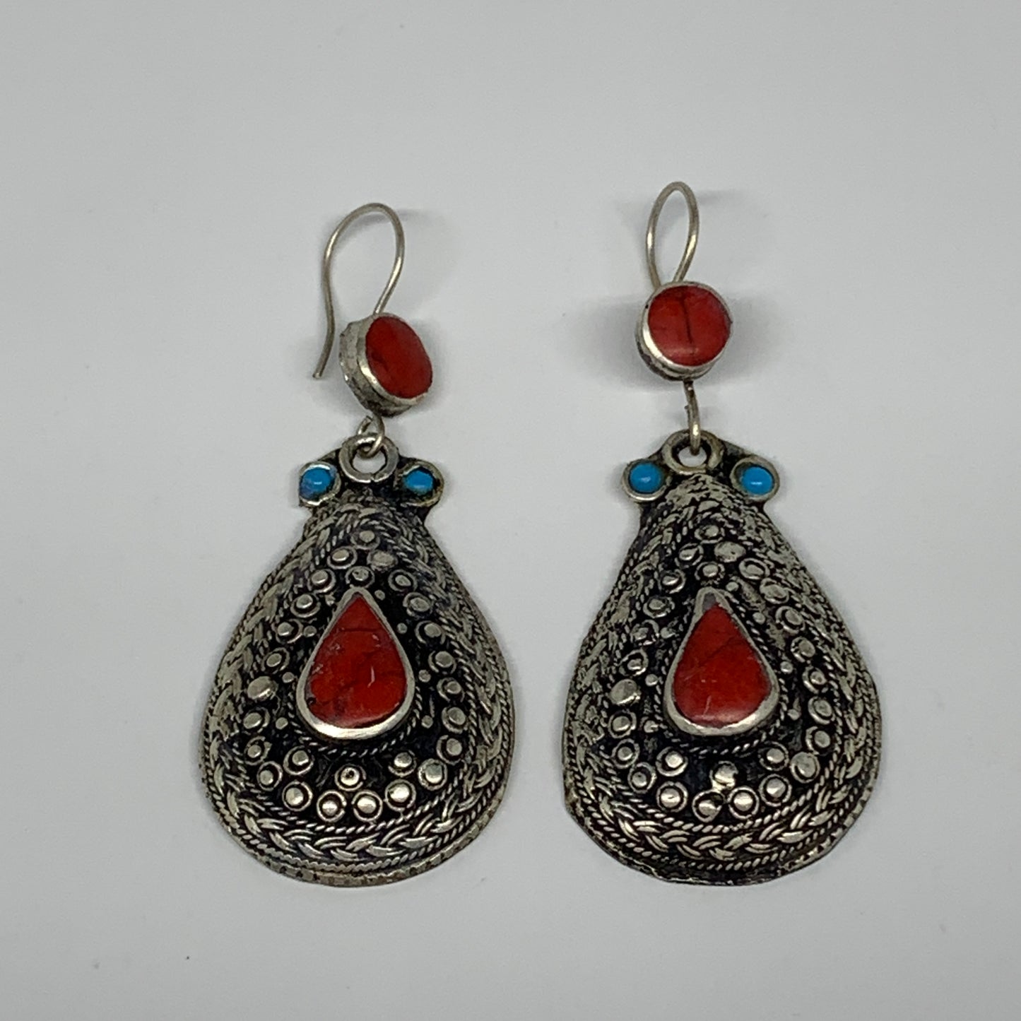 20.7g, 2.7x1.1" Turkmen Earring Tribal Jewelry Red Coral Inlay Teardrop Boho, B1