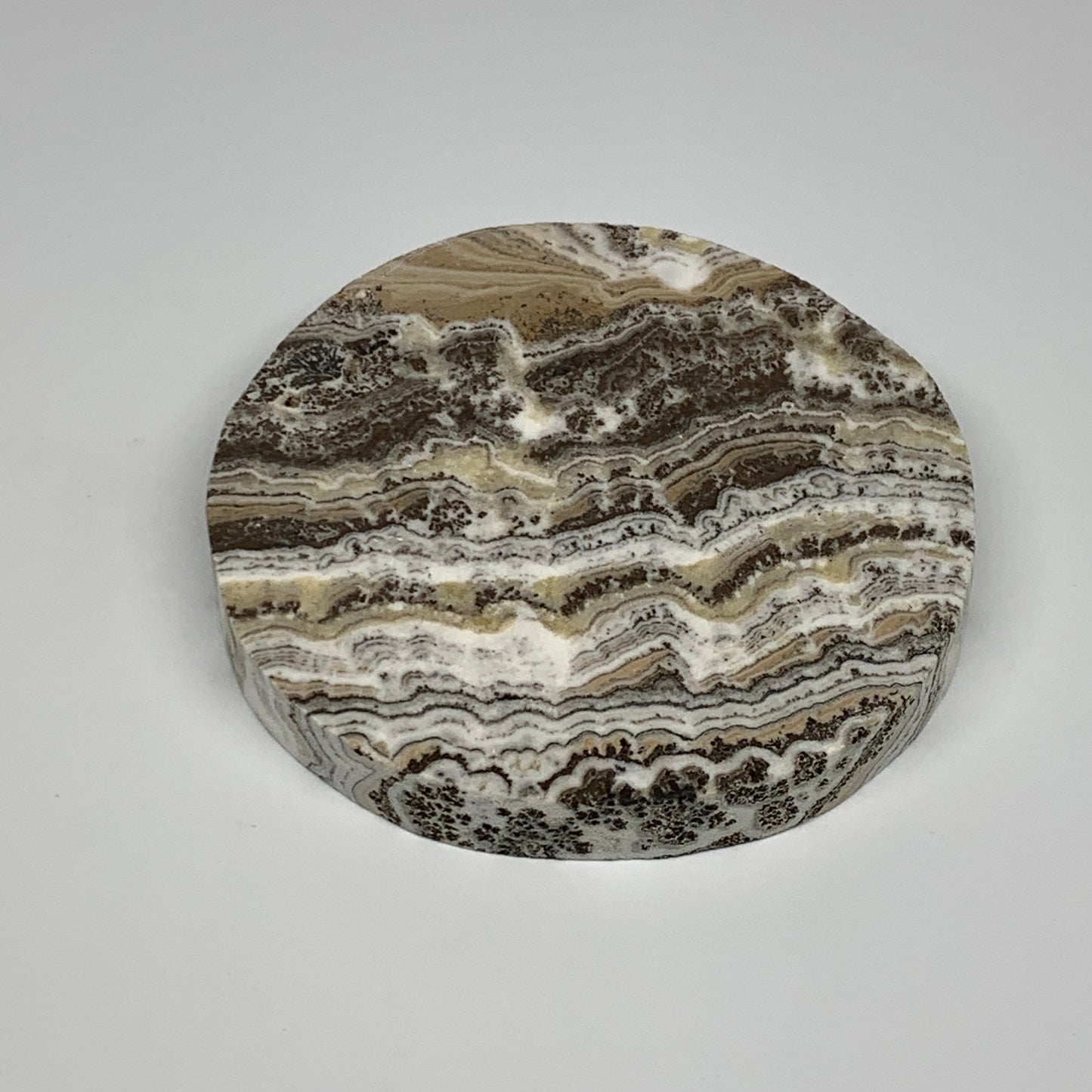 312.9g, 4.1"x0.7", Natural Picture Calcite Round Disc/Coaster @Mexico, B25475