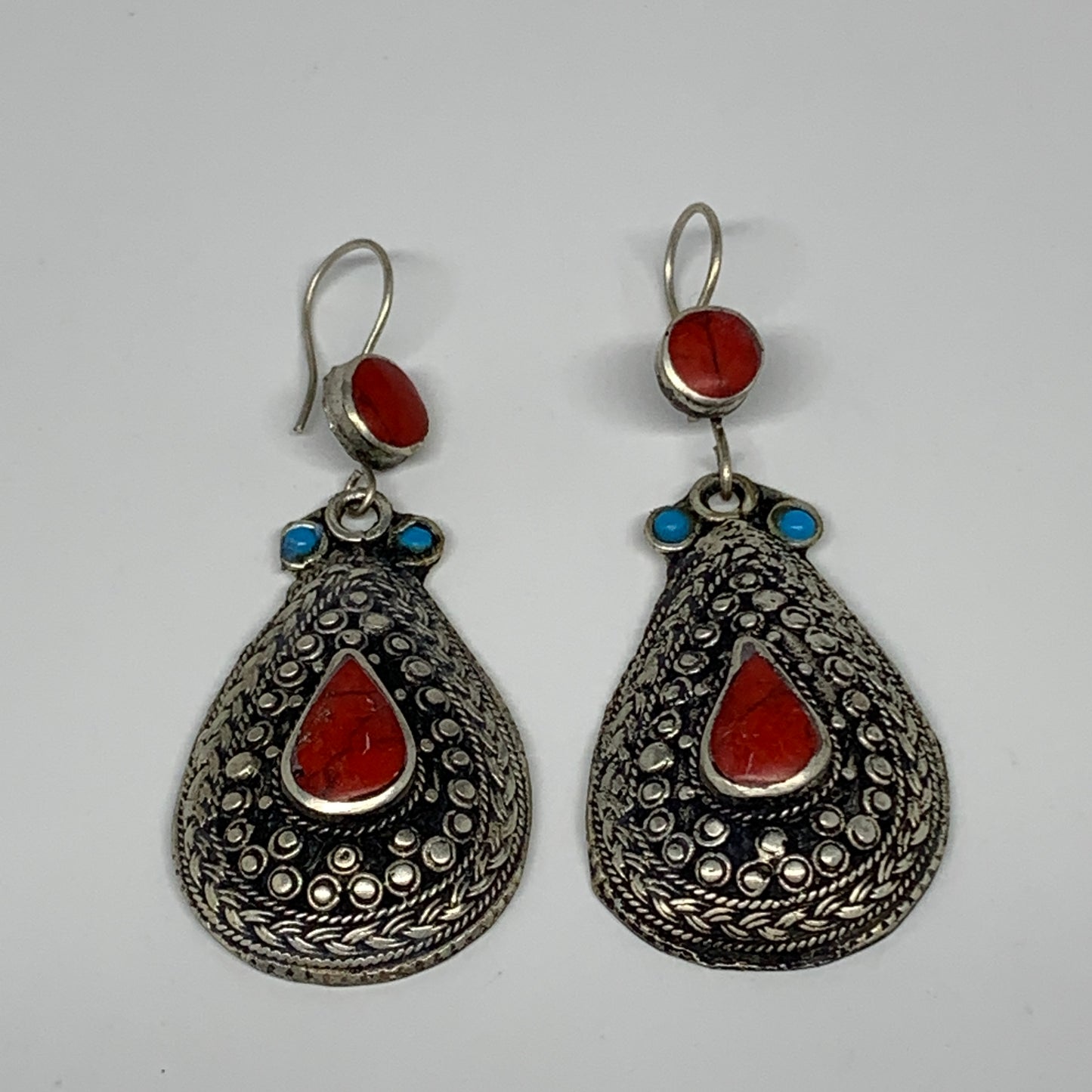 20.7g, 2.7x1.1" Turkmen Earring Tribal Jewelry Red Coral Inlay Teardrop Boho, B1