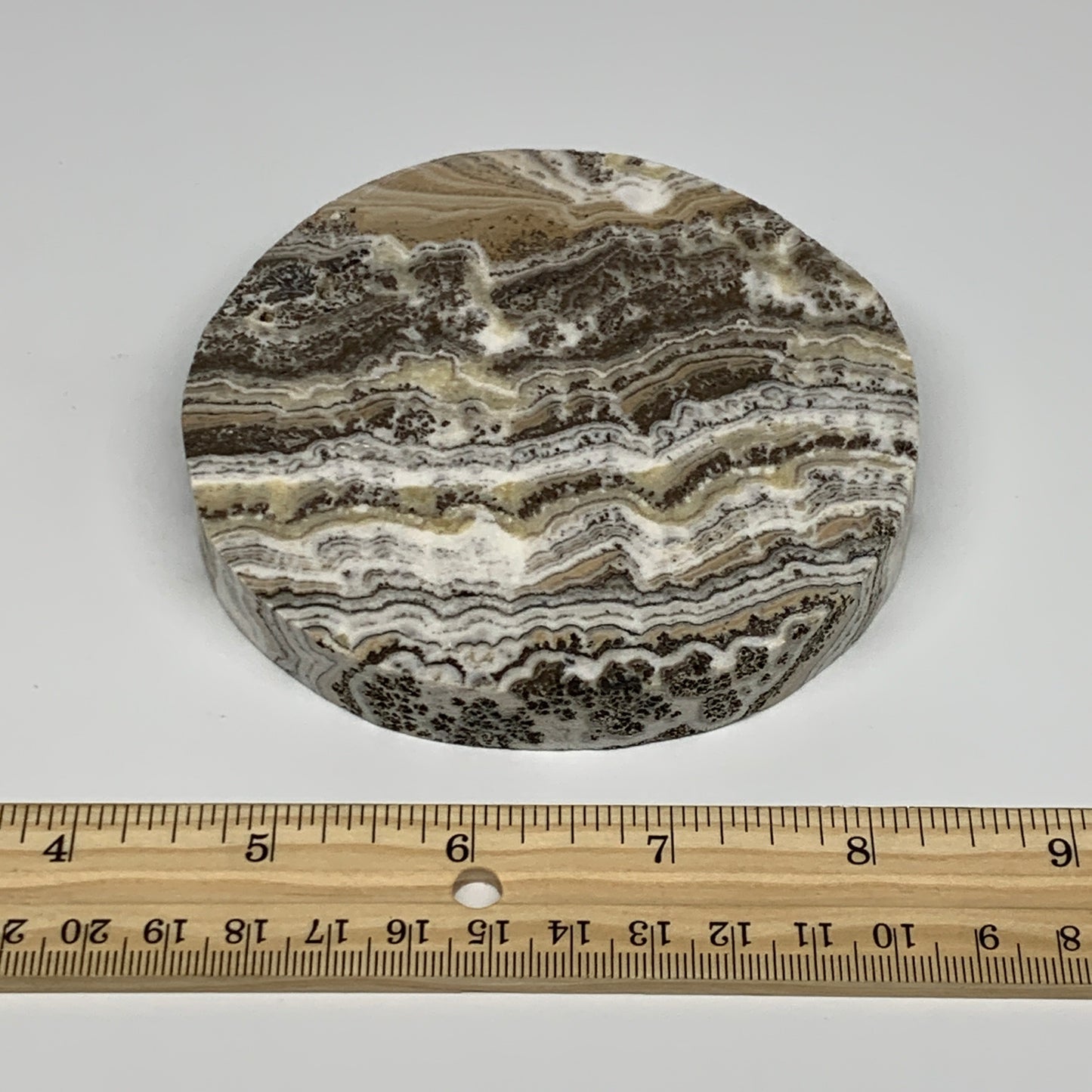 312.9g, 4.1"x0.7", Natural Picture Calcite Round Disc/Coaster @Mexico, B25475