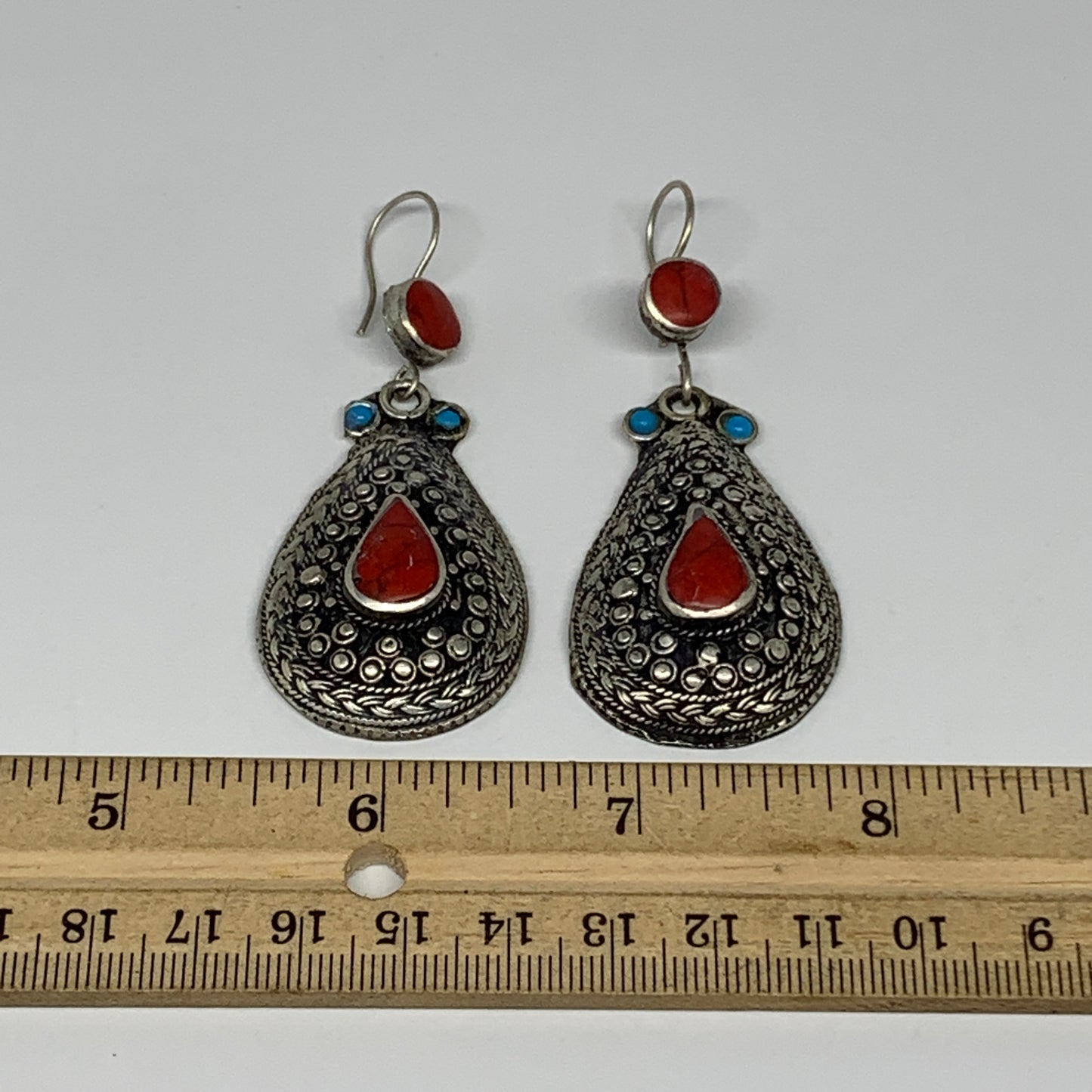 20.7g, 2.7x1.1" Turkmen Earring Tribal Jewelry Red Coral Inlay Teardrop Boho, B1