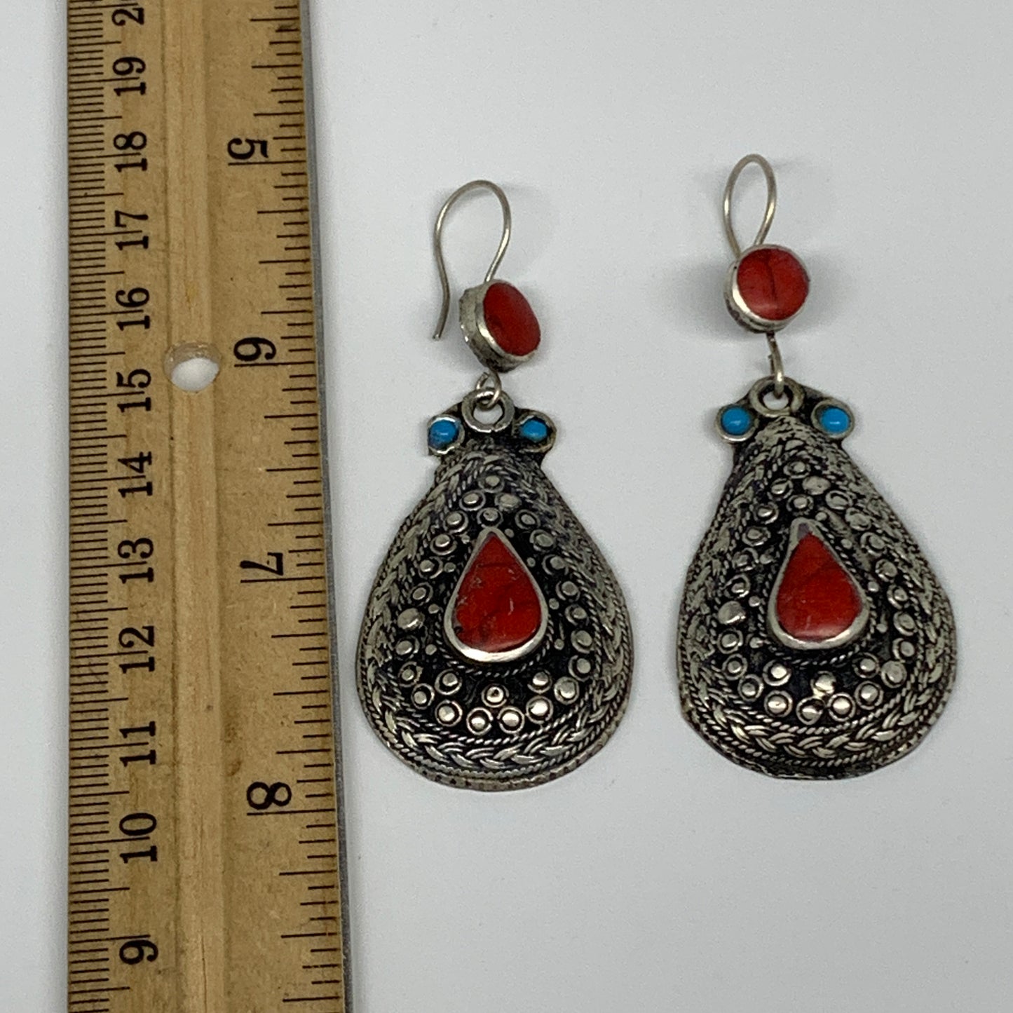 20.7g, 2.7x1.1" Turkmen Earring Tribal Jewelry Red Coral Inlay Teardrop Boho, B1