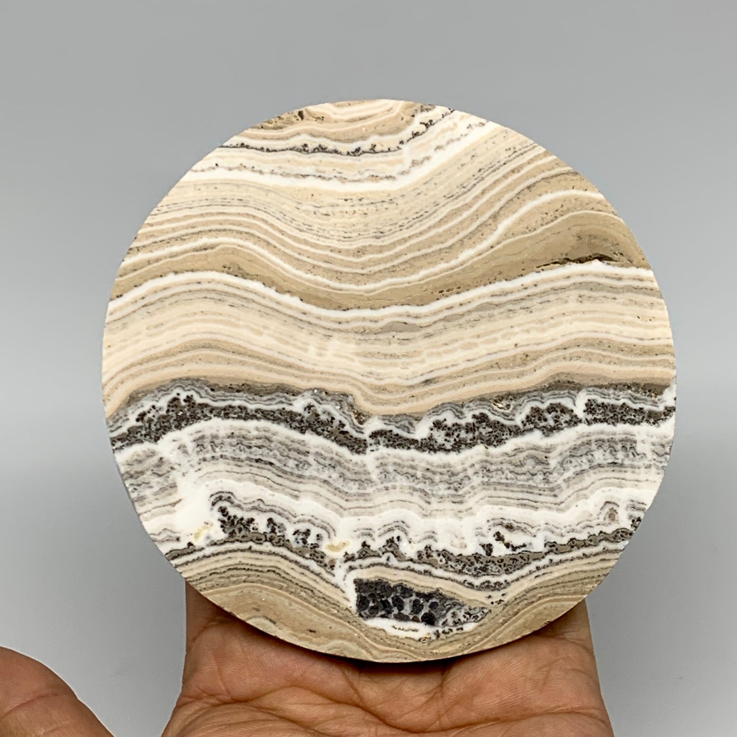 251.6g, 4.2"x0.4", Natural Picture Calcite Round Disc/Coaster @Mexico, B25476