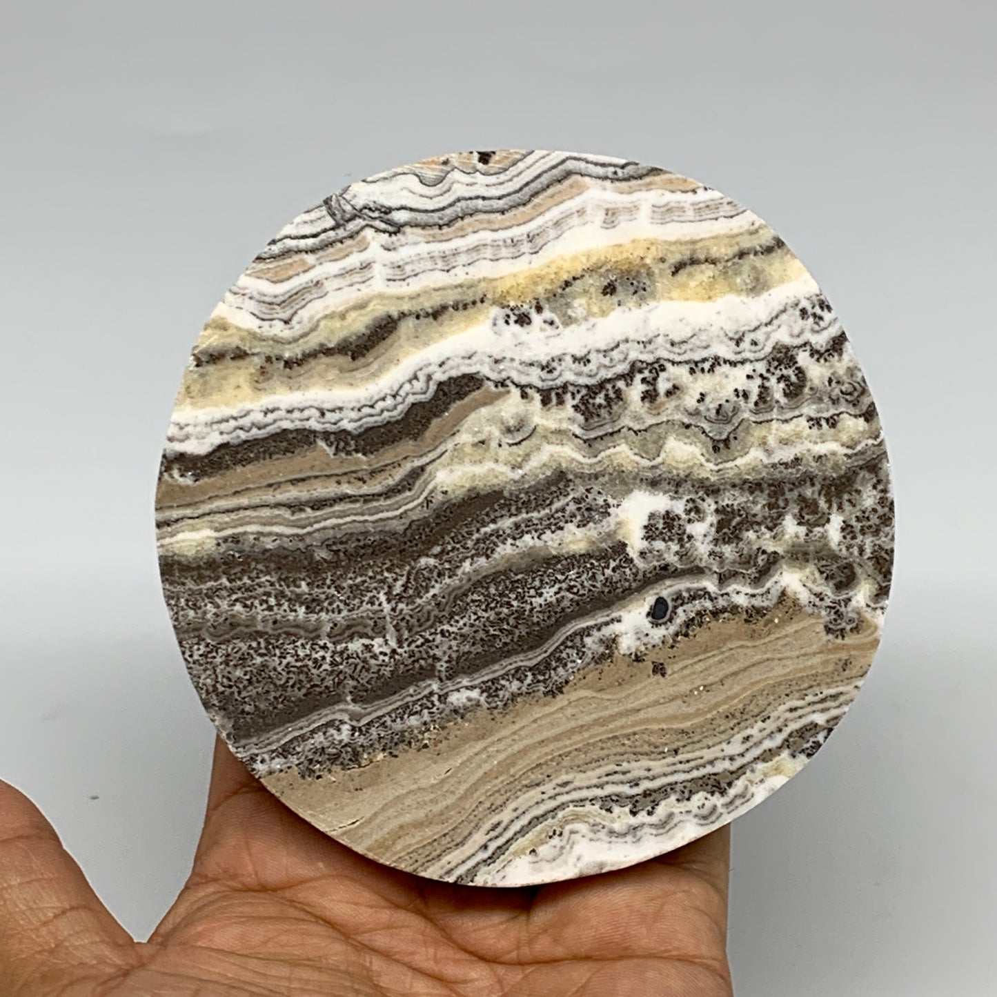 332.3g, 4.1"x0.7", Natural Picture Calcite Round Disc/Coaster @Mexico, B25477