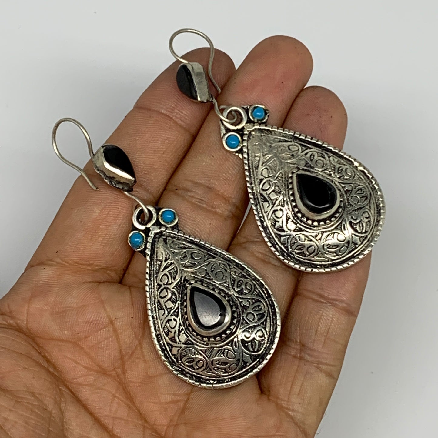 18.5g, 2.8"x1.1" Turkmen Earring Tribal Jewelry Black Carnelian Teardrop Boho, B