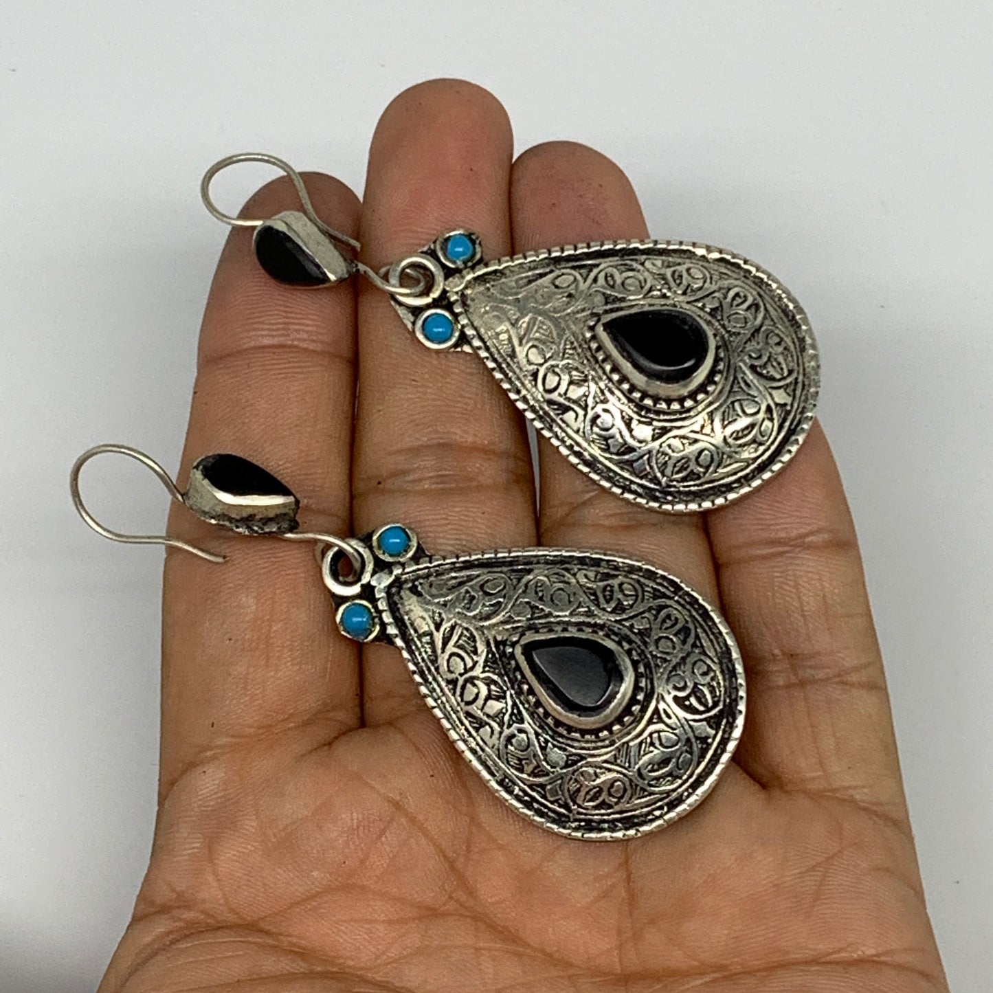 18.5g, 2.8"x1.1" Turkmen Earring Tribal Jewelry Black Carnelian Teardrop Boho, B