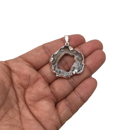 Agate Druzy Slice Geode Pendant Silver Plated from Brazil,Free 18" Chain, Bp684 - watangem.com