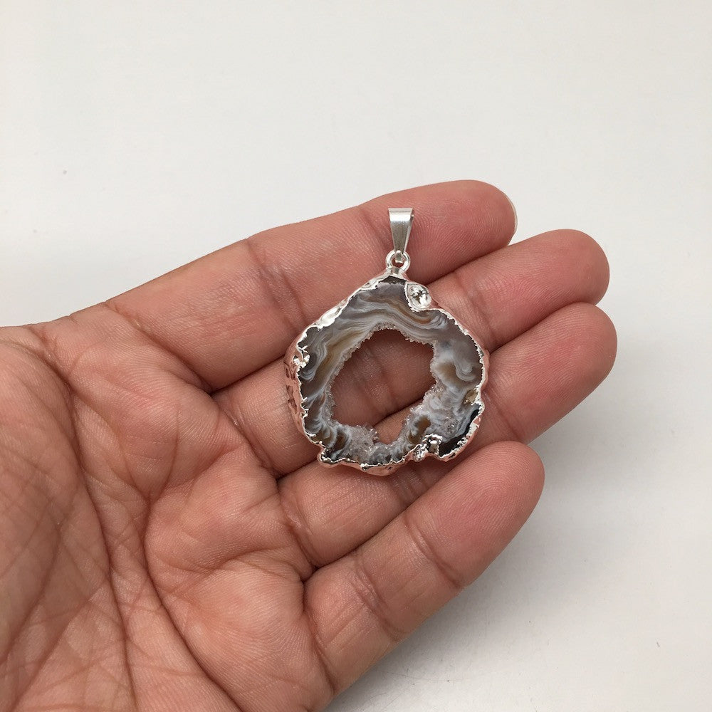 Agate Druzy Slice Geode Pendant Silver Plated from Brazil,Free 18" Chain, Bp684 - watangem.com
