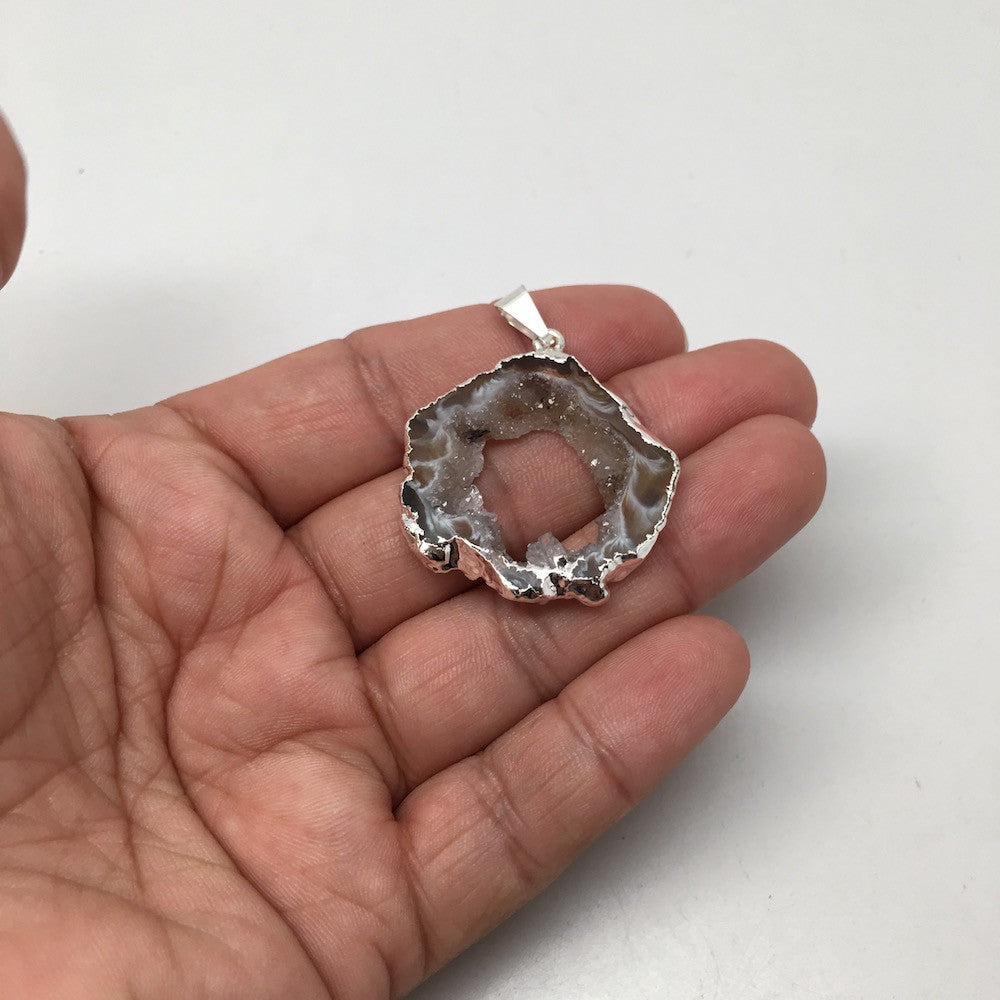 Agate Druzy Slice Geode Pendant Silver Plated from Brazil,Free 18" Chain, Bp684 - watangem.com
