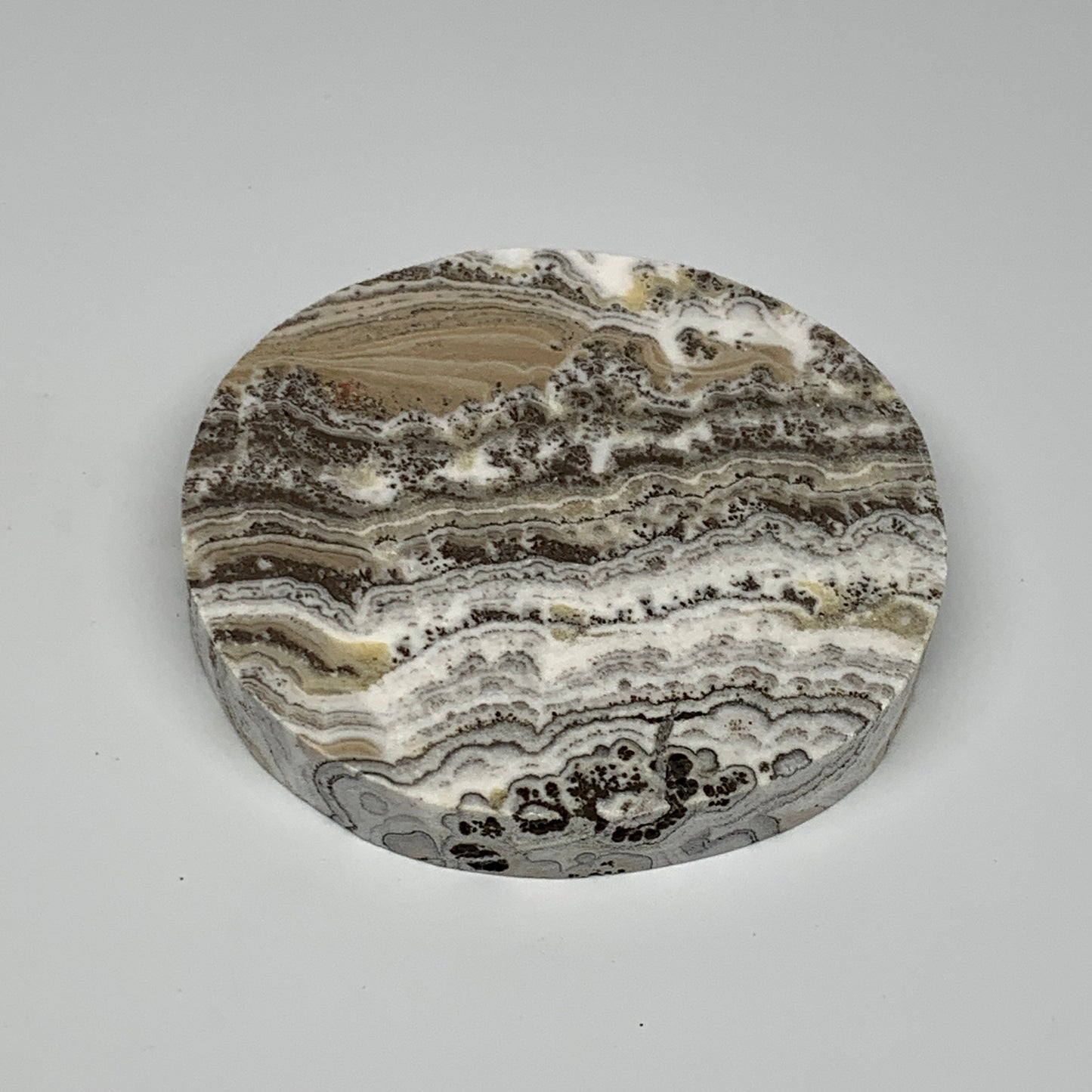 332.3g, 4.1"x0.7", Natural Picture Calcite Round Disc/Coaster @Mexico, B25477