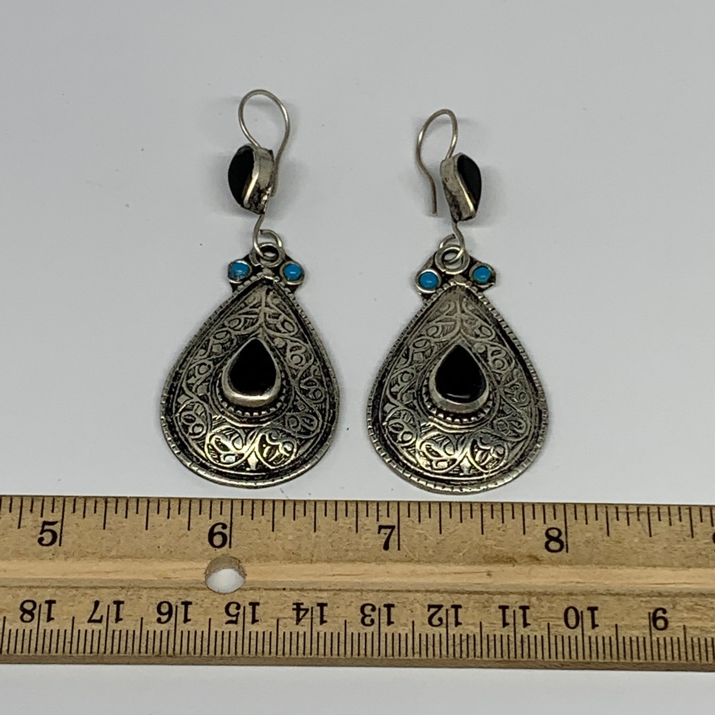 18.5g, 2.8"x1.1" Turkmen Earring Tribal Jewelry Black Carnelian Teardrop Boho, B