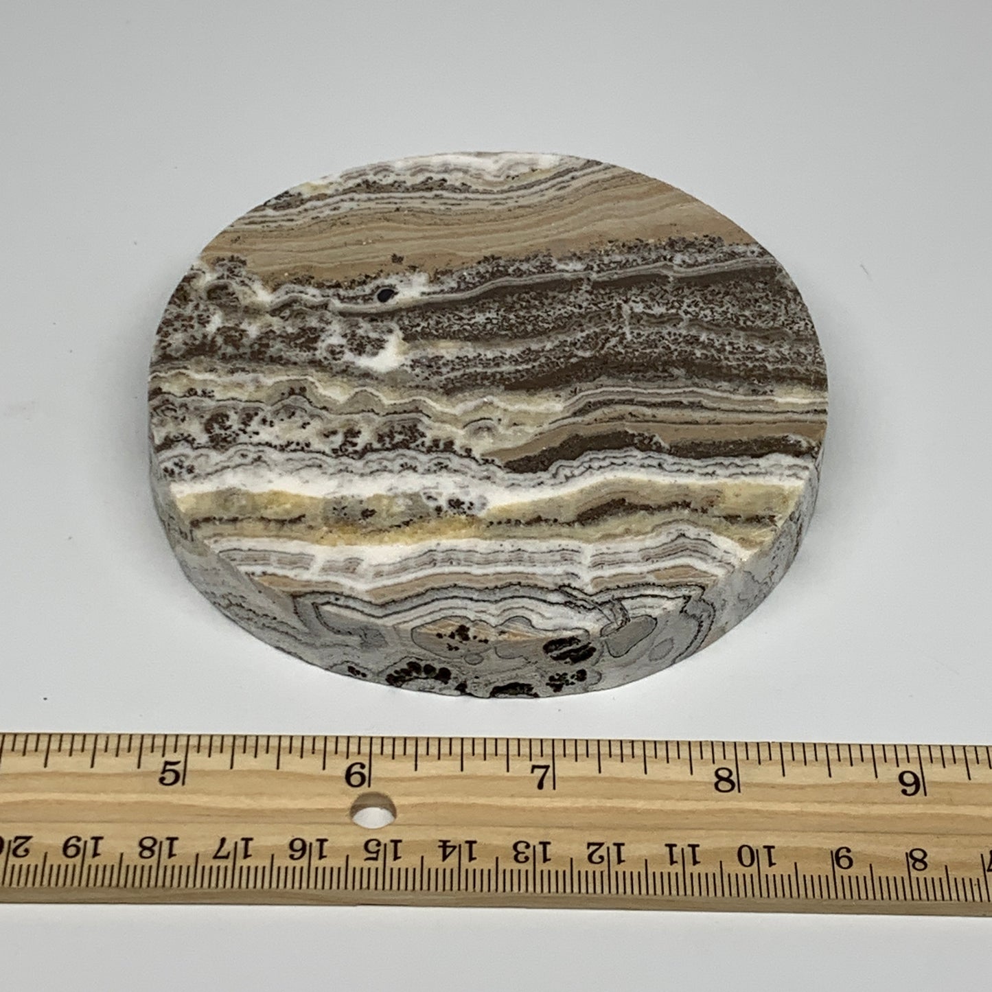 332.3g, 4.1"x0.7", Natural Picture Calcite Round Disc/Coaster @Mexico, B25477