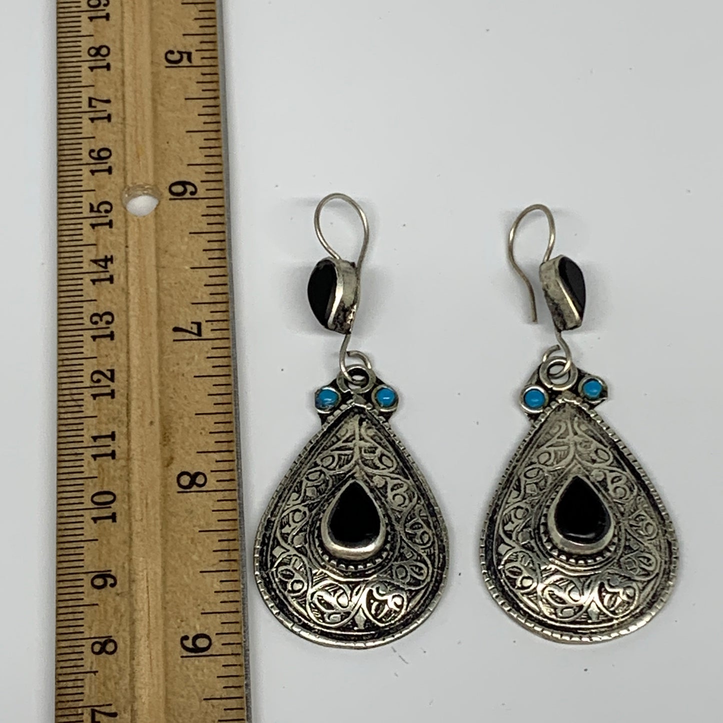 18.5g, 2.8"x1.1" Turkmen Earring Tribal Jewelry Black Carnelian Teardrop Boho, B
