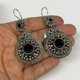 23.3g, 2.7"x1.2" Turkmen Earring Tribal Jewelry Black Carnelian Round Boho, B142