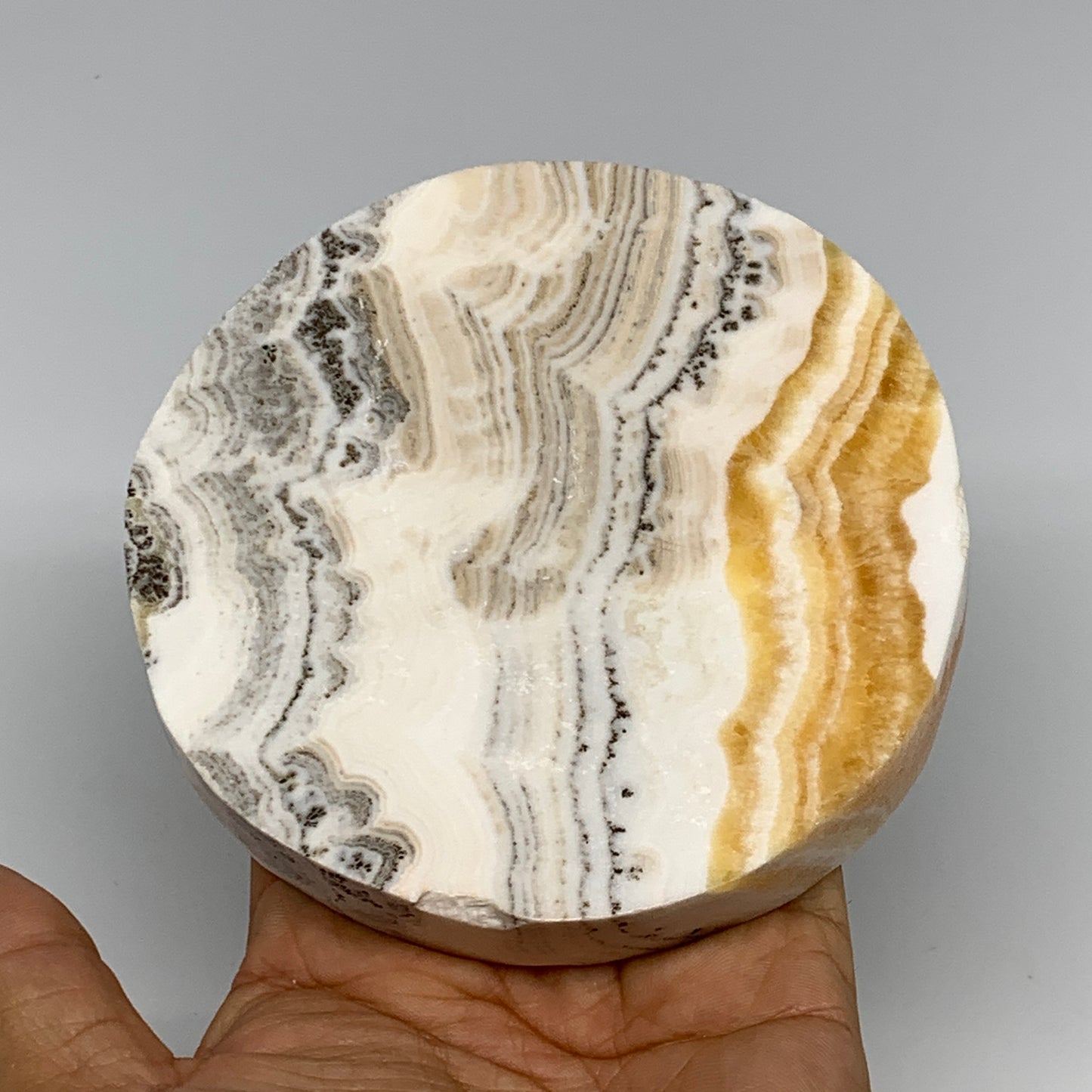 423.9g, 4.3"x0.8", Natural Picture Calcite Round Disc/Coaster @Mexico, B25479