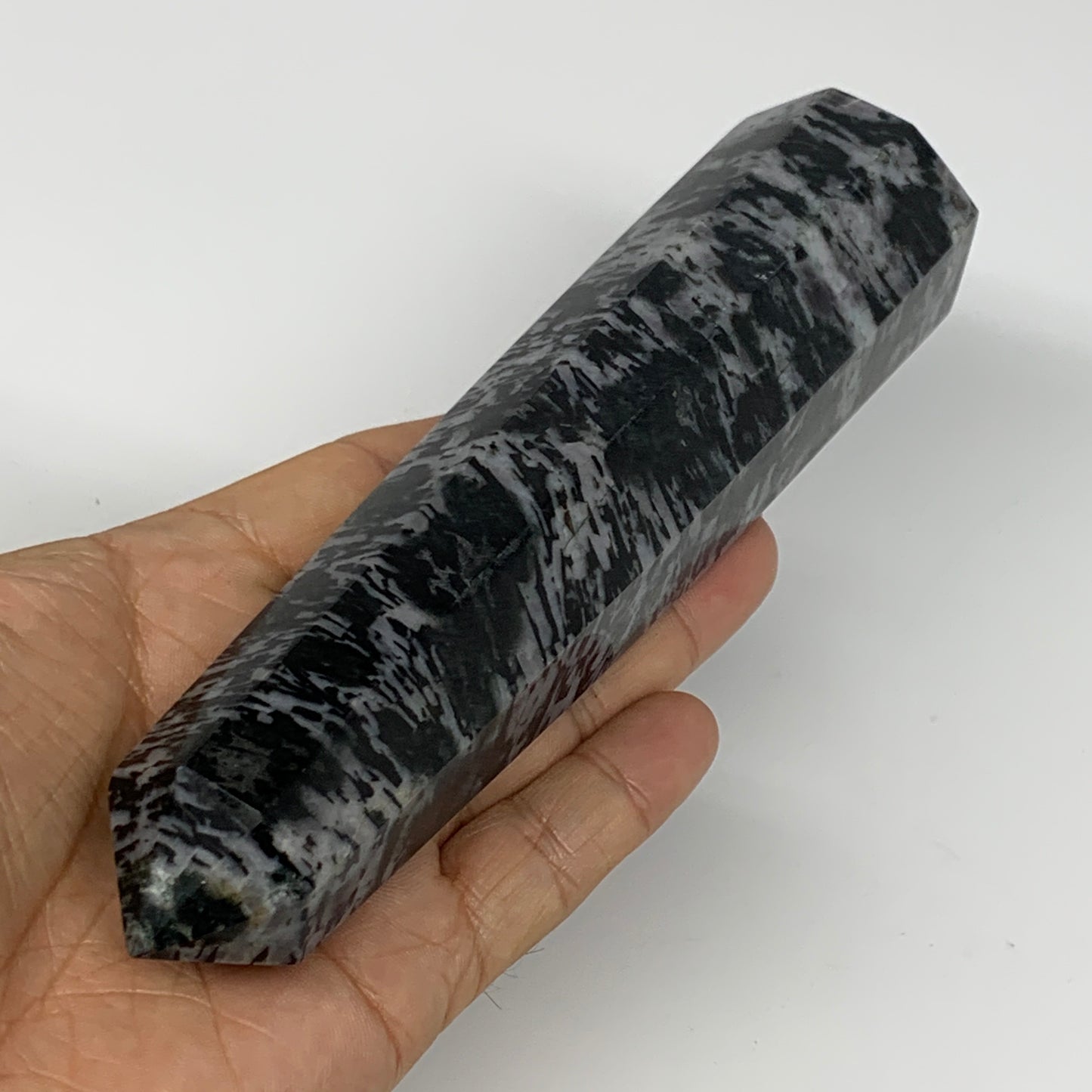 381.1g, 6.4"x1.6"x1.4" Indigo Gabro Merlinite Point Tower @Madagascar,B18295