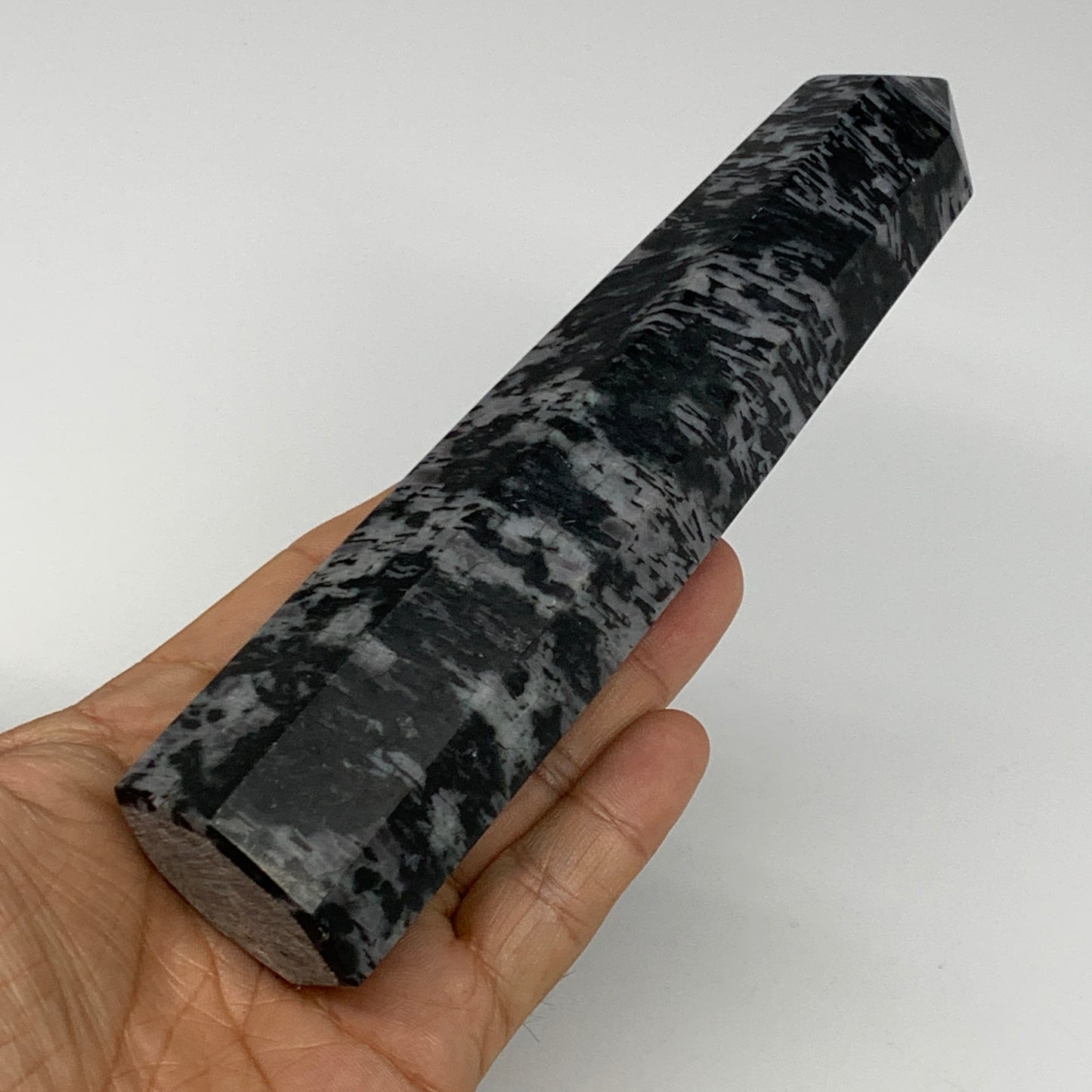 381.1g, 6.4"x1.6"x1.4" Indigo Gabro Merlinite Point Tower @Madagascar,B18295