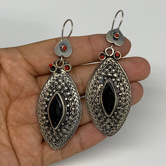 23.9g, 3.1"x1.1" Turkmen Earring Tribal Jewelry Black Carnelian Marquise Boho, B