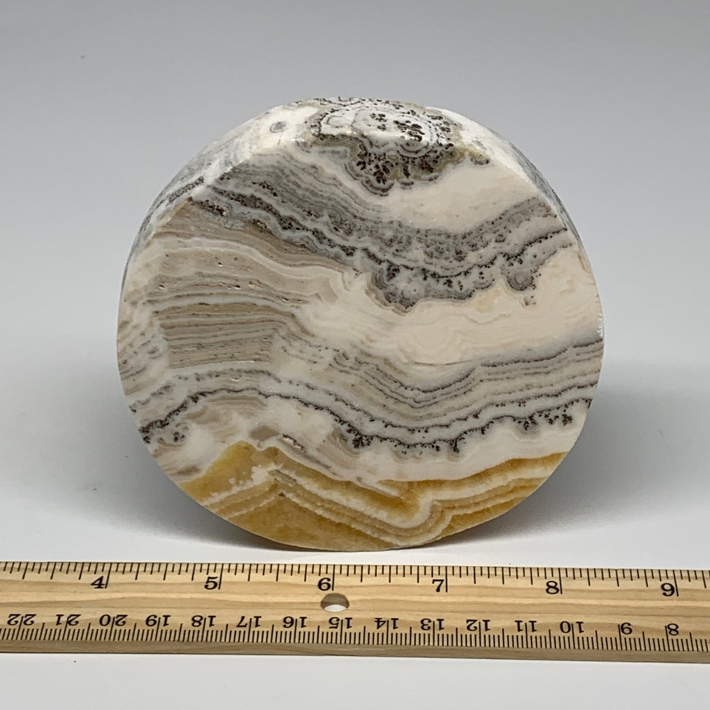 423.9g, 4.3"x0.8", Natural Picture Calcite Round Disc/Coaster @Mexico, B25479