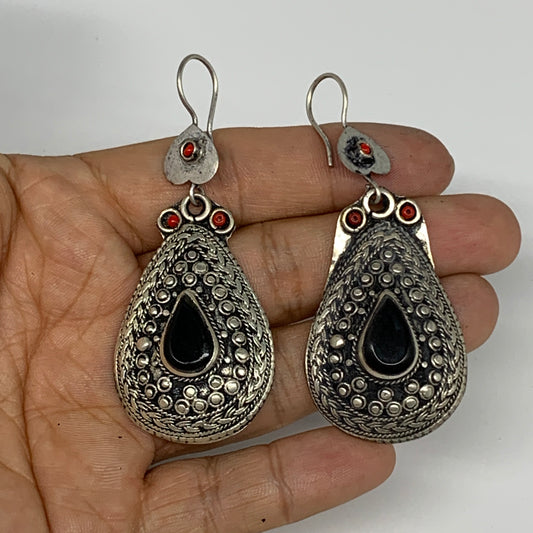 22.8g, 2.8"x1.1" Turkmen Earring Tribal Jewelry Black Carnelian Teardrop Boho, B