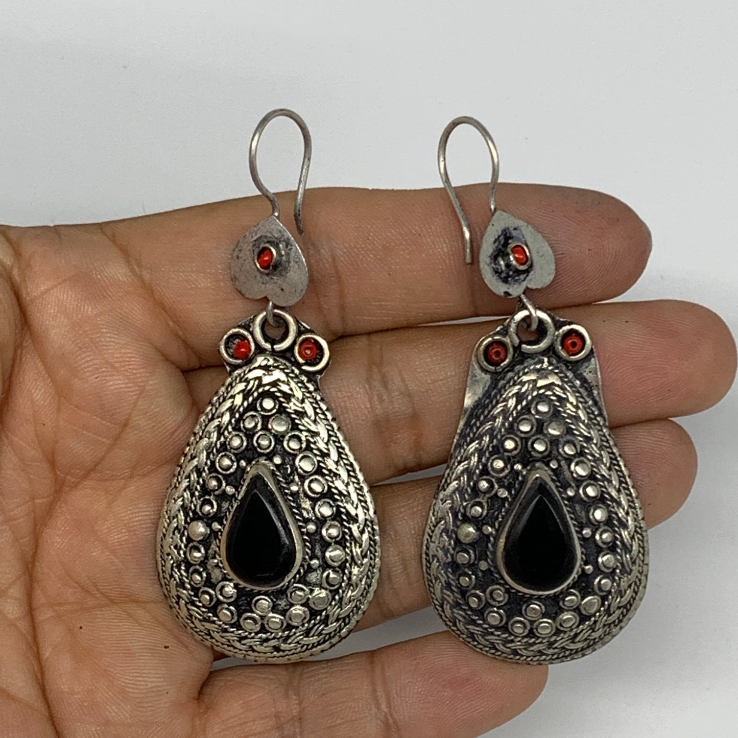 22.8g, 2.8"x1.1" Turkmen Earring Tribal Jewelry Black Carnelian Teardrop Boho, B